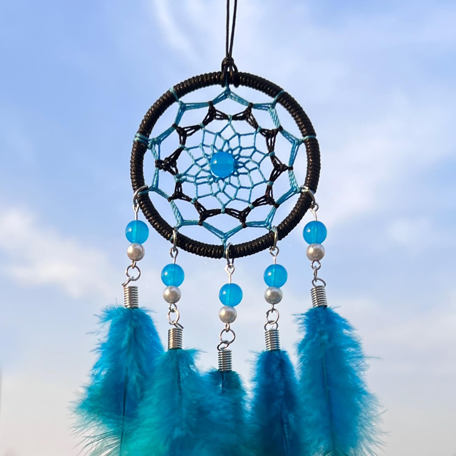 Turquoise Blue Mini Dreamcatcher Hanging Car Accessory – Small Rearview Mirror Decor for Protection & Style | Perfect for Road Trips & Daily Commute