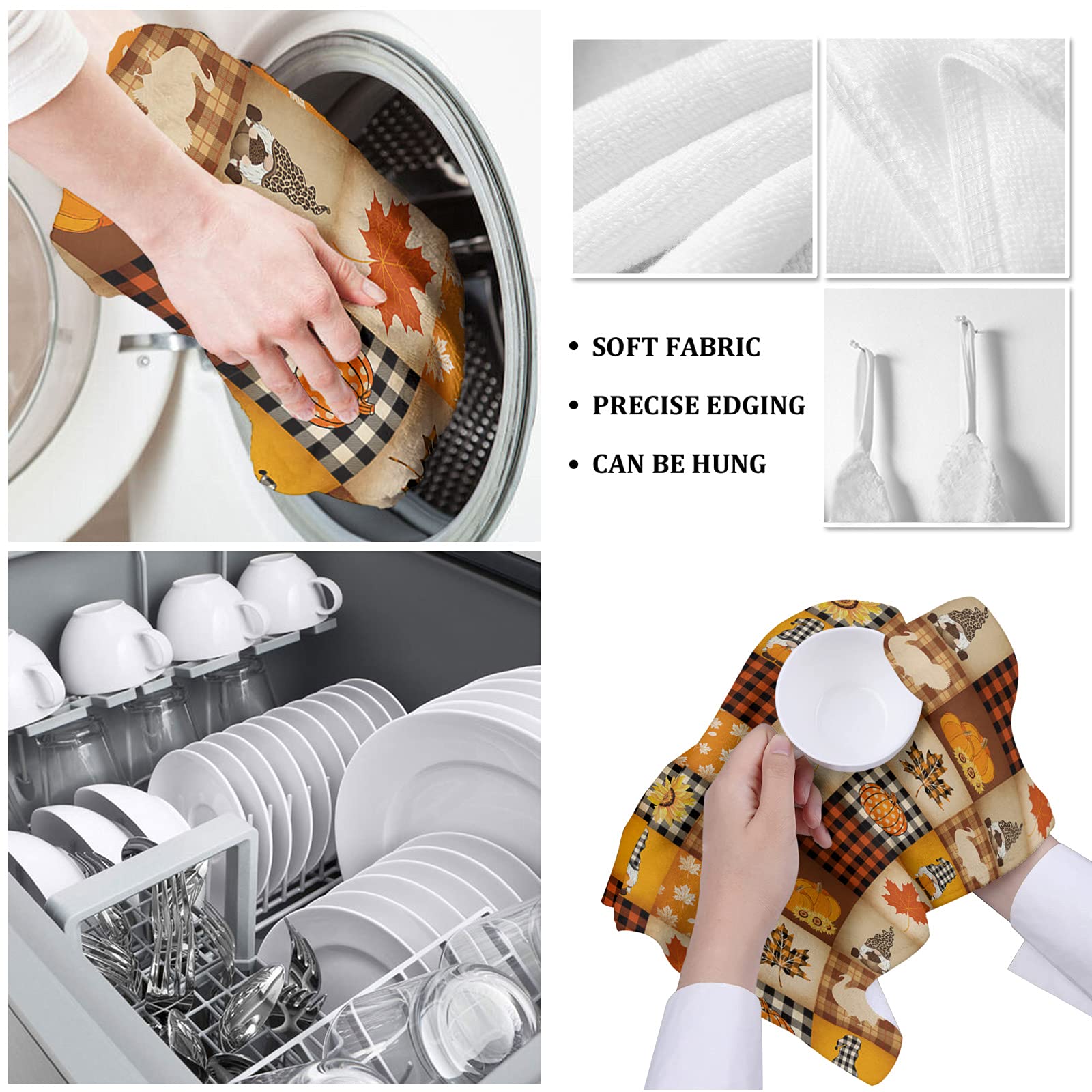 Premium Microfiber Kitchen Towels Set of 4 - Super Absorbent Reusable Dish Cloths (18x28 Inch) for Drying Dishes, Thanksgiving Decor & Holiday Kitchen Decorations - Pumpkin, Turkey, Maple Leaves, Sunflower, Gnome & Plaid Patterns - Perfect for Daily Cleaning, Hosting & Seasonal Home Decor