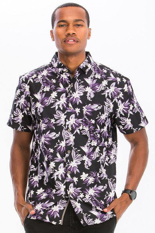 Men's Hawaiian Print Button Down Shirt - Tropical Floral Short Sleeve Casual Shirt WS7015 for Beach Vacation, Summer Party & Outdoor Activities