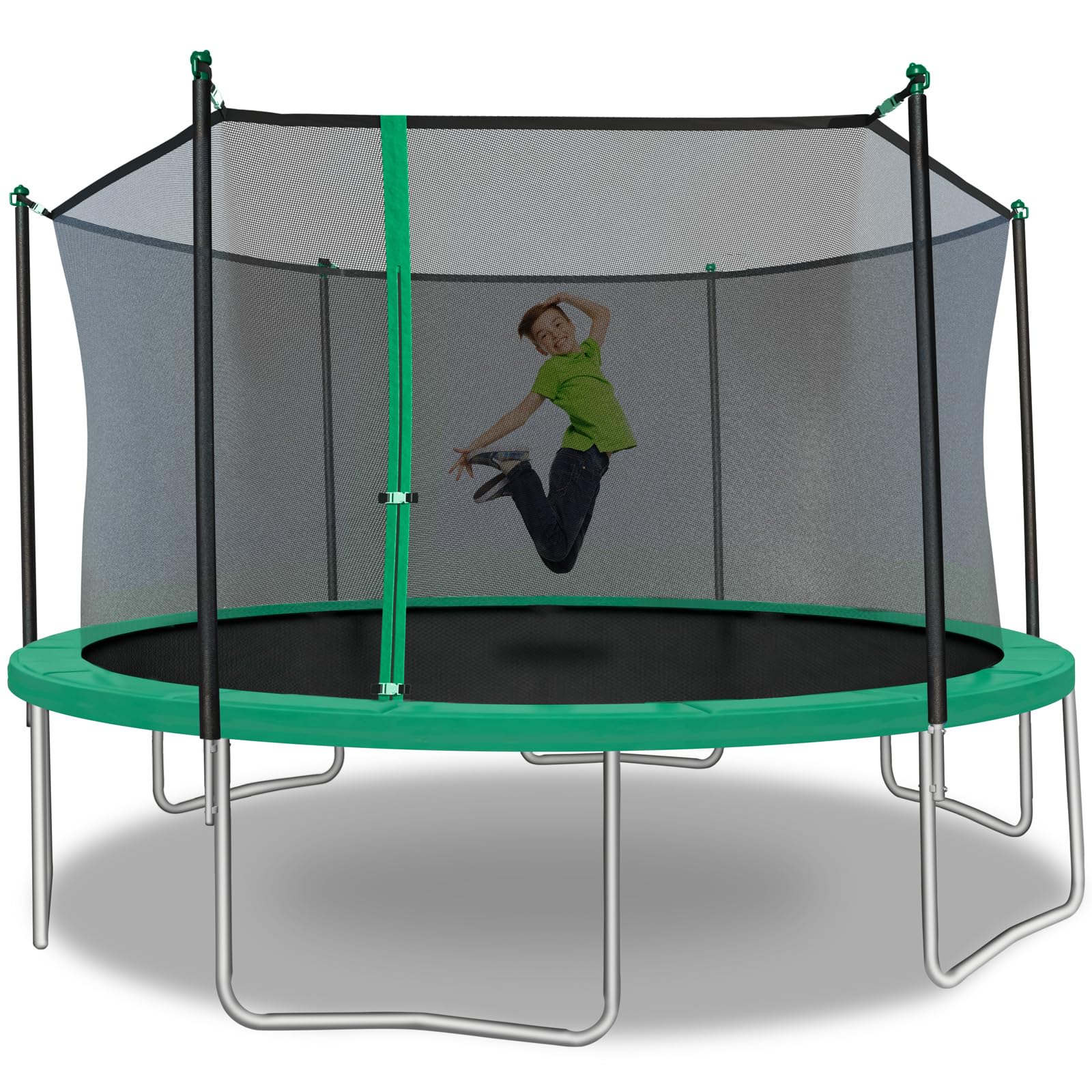 14ft Heavy Duty Round Trampoline with Rust-Resistant Galvanized Steel Frame & 6-Pole Safety Enclosure - ASTM Certified for Backyard Fun, Outdoor Exercise & Family Recreation (Green)