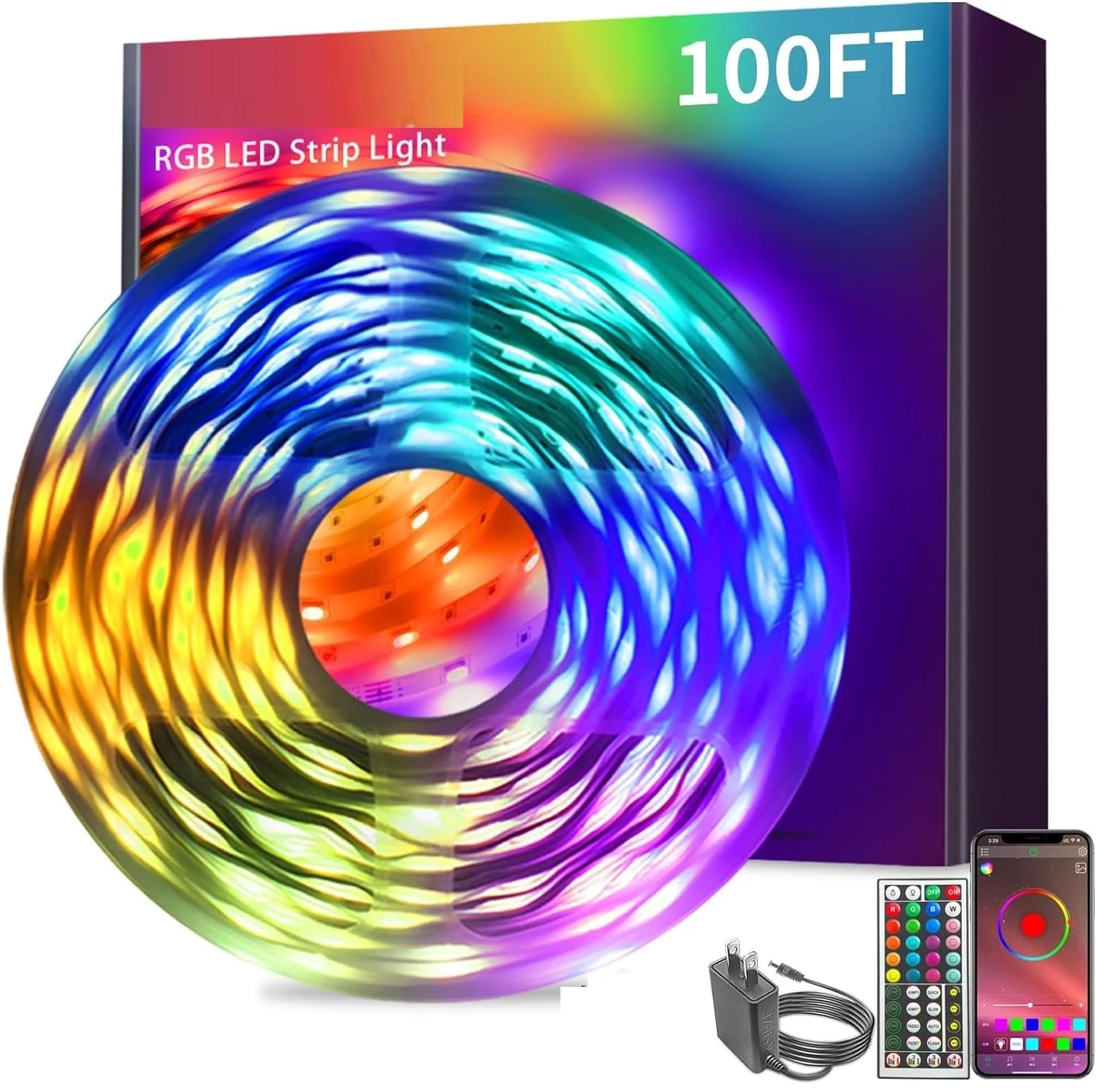 100 FT Bluetooth RGB LED Strip Lights - Smart App & Remote Controlled, 16 Million Colors, Indoor Mood Lighting for Bedroom, Party, Home Decor (Model 9107081)