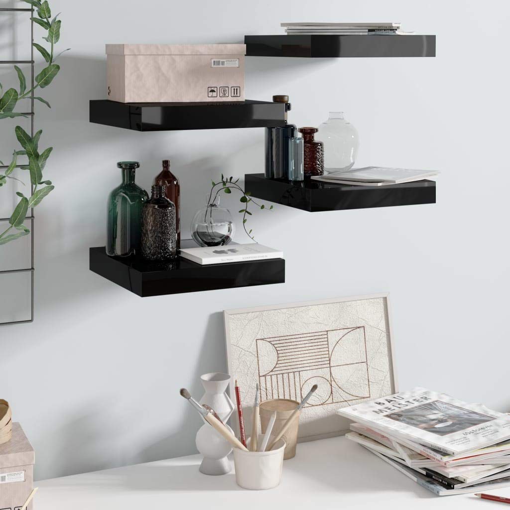 Floating Shelves Set of 4 - Wall Mounted Shelves with Invisible Brackets for Bedroom, Bathroom, Living Room, Hallway & Entryway - Perfect for Books, Plants & Home Decor Display (Black High Gloss, 9.1 x 9.3 Inches) - Space-Saving Storage Solution for Small Rooms & Modern Interior Design