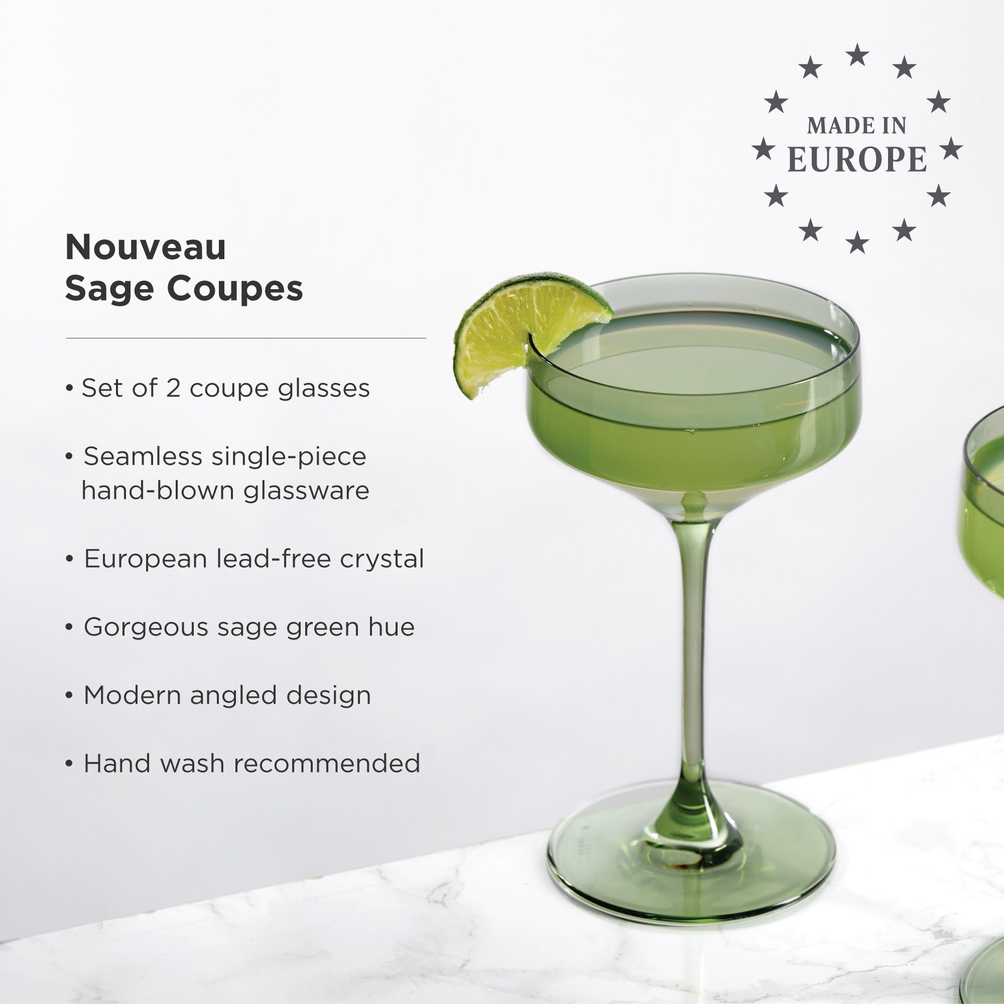 Premium Sage Green Crystal Coupe Glasses - Set of 2 Elegant Champagne Flutes for Wedding Toasts & Cocktail Parties - Perfect for Romantic Dinners & Special Celebrations