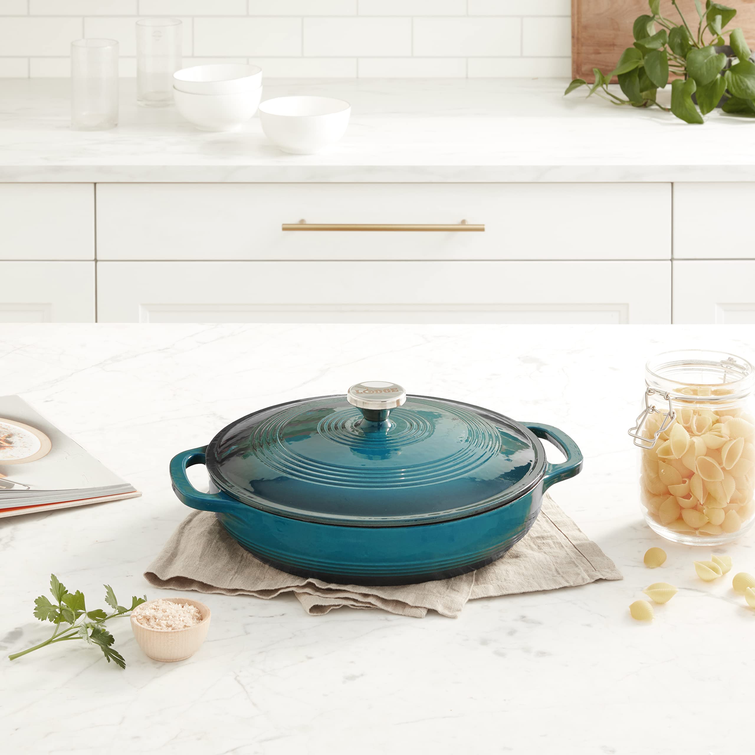 Lodge 3.6 Quart Enameled Cast Iron Dutch Oven with Lid - Dual Handles, Oven & Stovetop Safe (500°F) - Perfect for Braising, Baking, Roasting & Serving - Ideal for Camping, Family Dinners & Meal Prep - Lagoon Blue