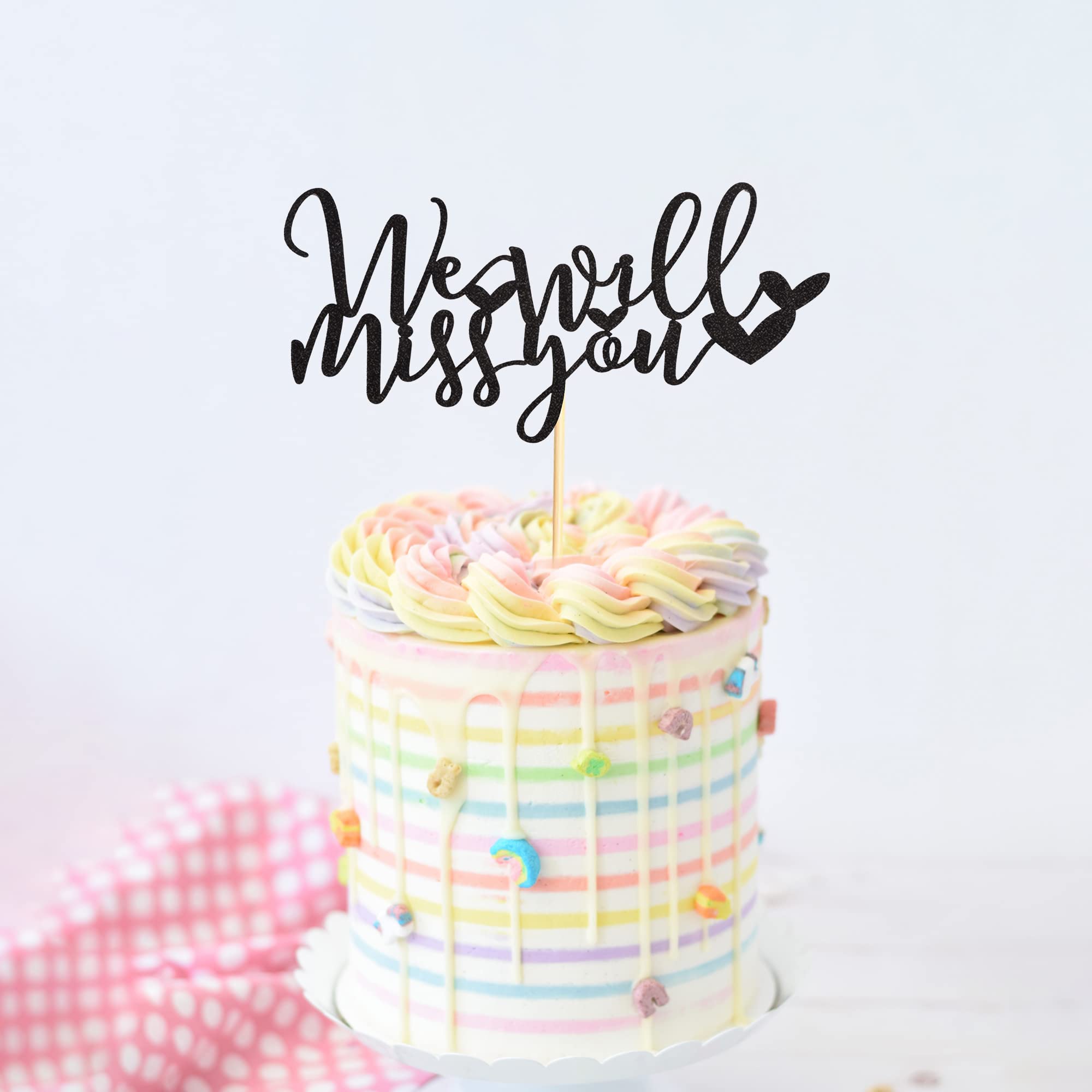 Farewell Cake Topper - Black Glitter 'We Will Miss You' Cake Decoration for Retirement, Graduation, Job Change Parties | Perfect for Office Goodbye, School Celebrations & Special Send-offs