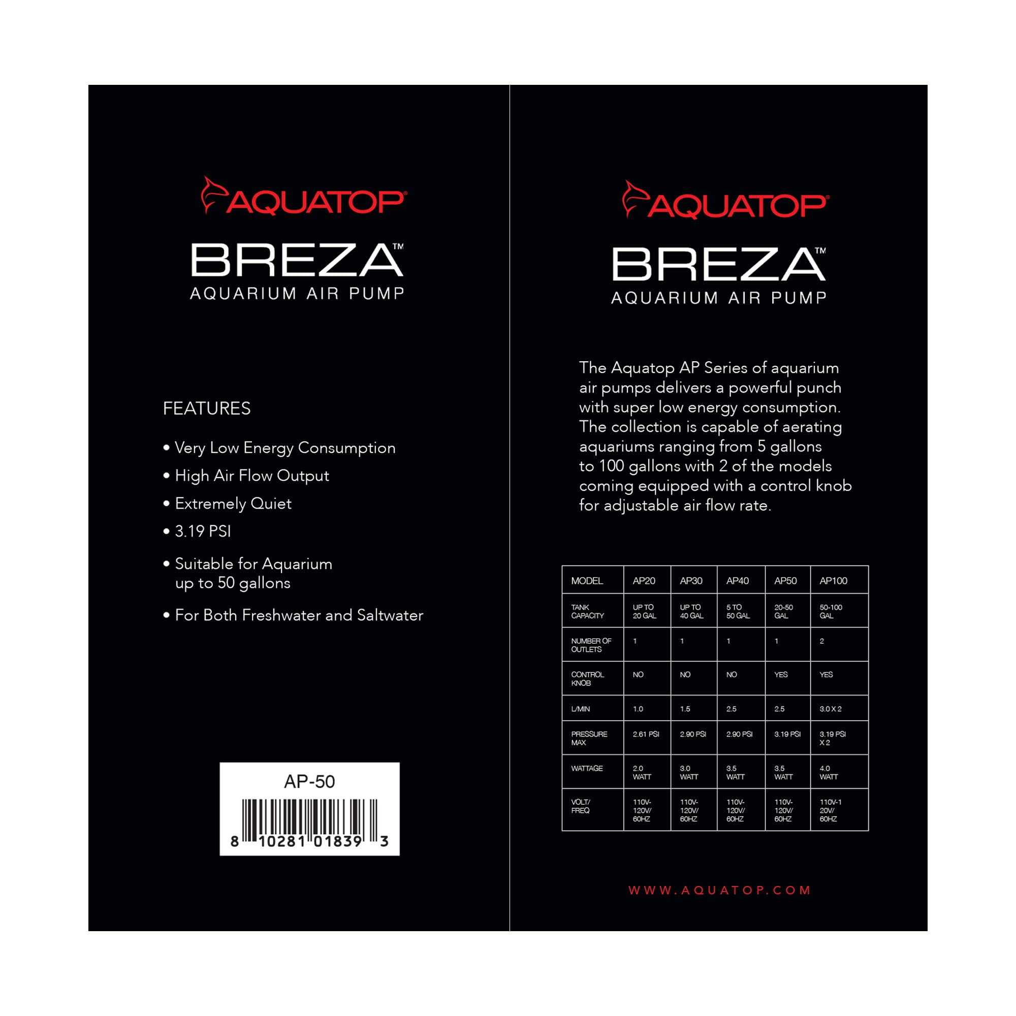 Aquatop Breza Aquarium Air Pump - Quiet Oxygen Pump for Fish Tanks, Hydroponics & Pond Aeration - Ideal for Home Aquariums, Fish Breeding & Aquatic Plants