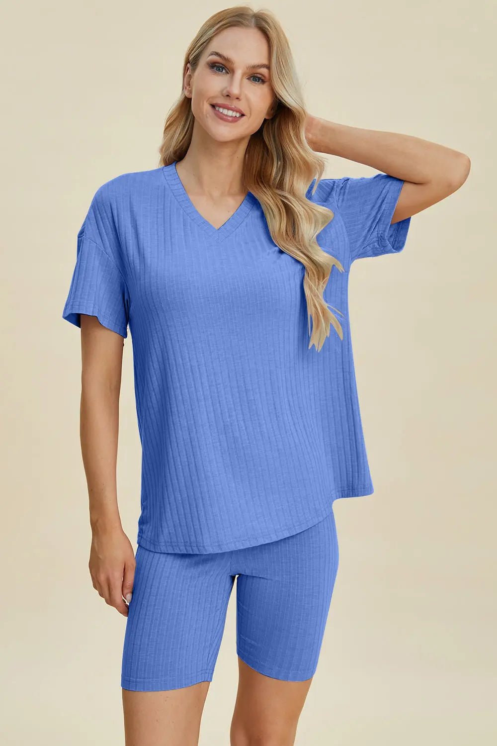 Basic Bae Full Size Ribbed V Neck Short Sleeve Top and Shorts Set - Women's Casual Summer Outfit for Beach, Lounge & Everyday Wear