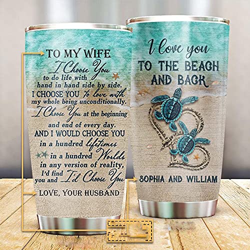 Personalized Sea Turtle Tumbler for Wife - 20oz Insulated Cup with 'I Love You To The Beach And Back' Quote - Funny Summer Beach Trip Gift for Couples, Husband & Wife - Perfect for Vacations, Pool Parties & Outdoor Adventures