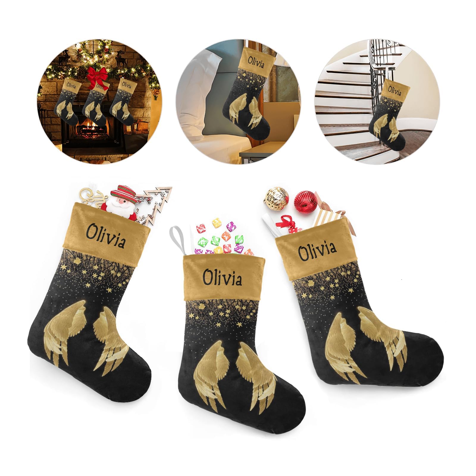 Personalized Gold Angel Wings Christmas Stockings with Name - Custom Holiday Gift for Boys, Girls & Pets (17.52 x 7.87 Inch) - Perfect for Fireplace Decor, Xmas Tree Hanging & Festive Home Decoration