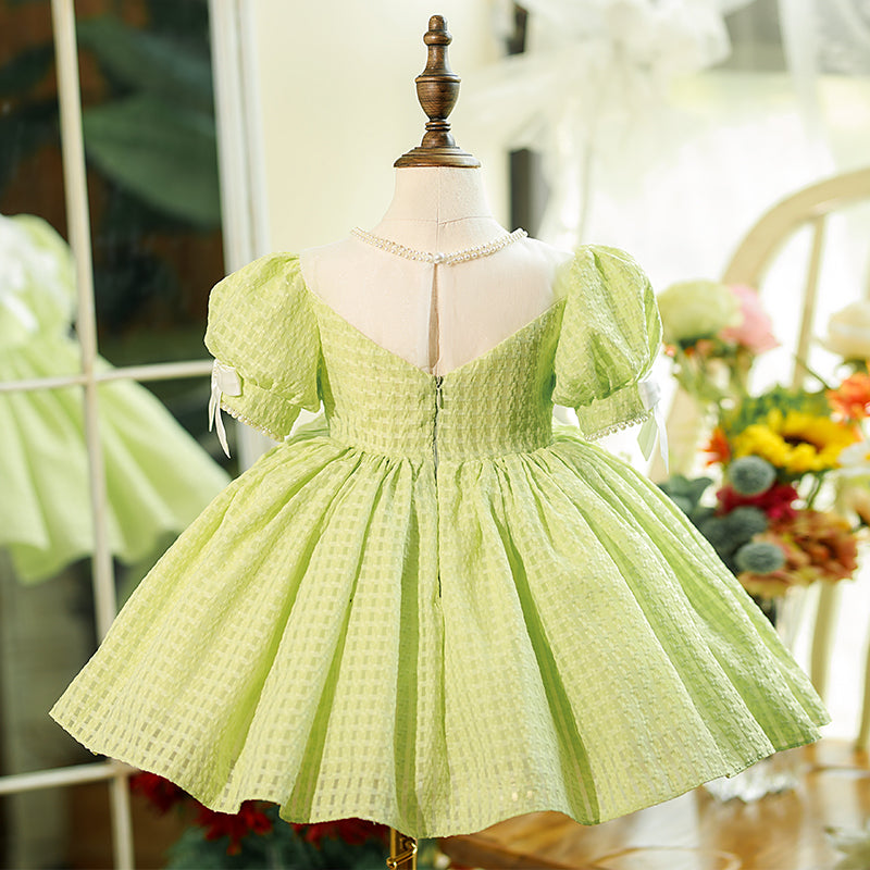Toddler Girls Summer Dress with Bow Knot & Puff Sleeves - Green Birthday Party Outfit for Baby Girls - Perfect for Special Occasions, Photo Shoots & Playdates