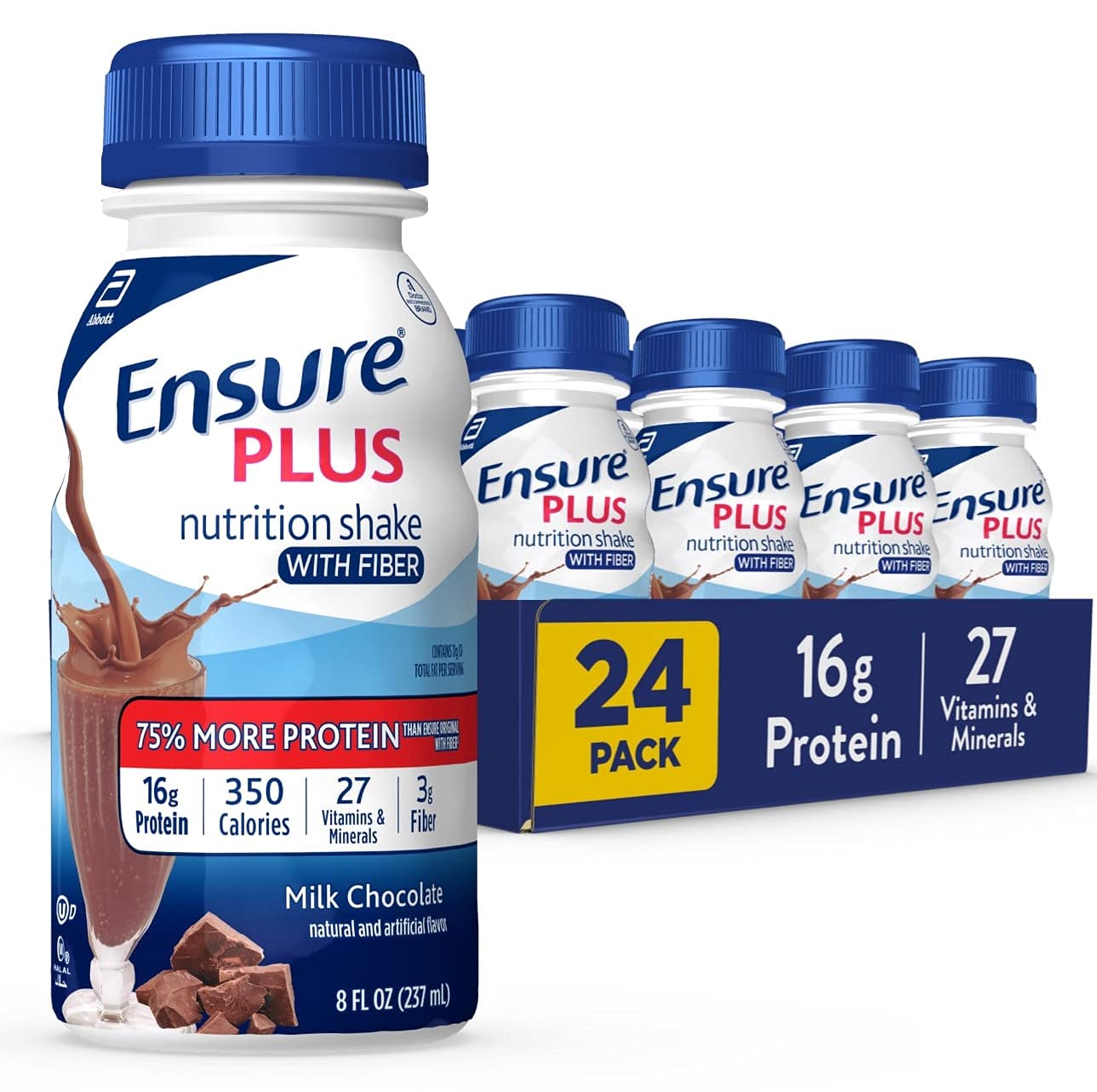 Ensure Plus Nutrition Shake with Fiber - 16g Protein Meal Replacement, Milk Chocolate Flavor, 8 Fl Oz (24 Pack) | Ideal for Weight Management, Post-Workout Recovery & Busy Lifestyles