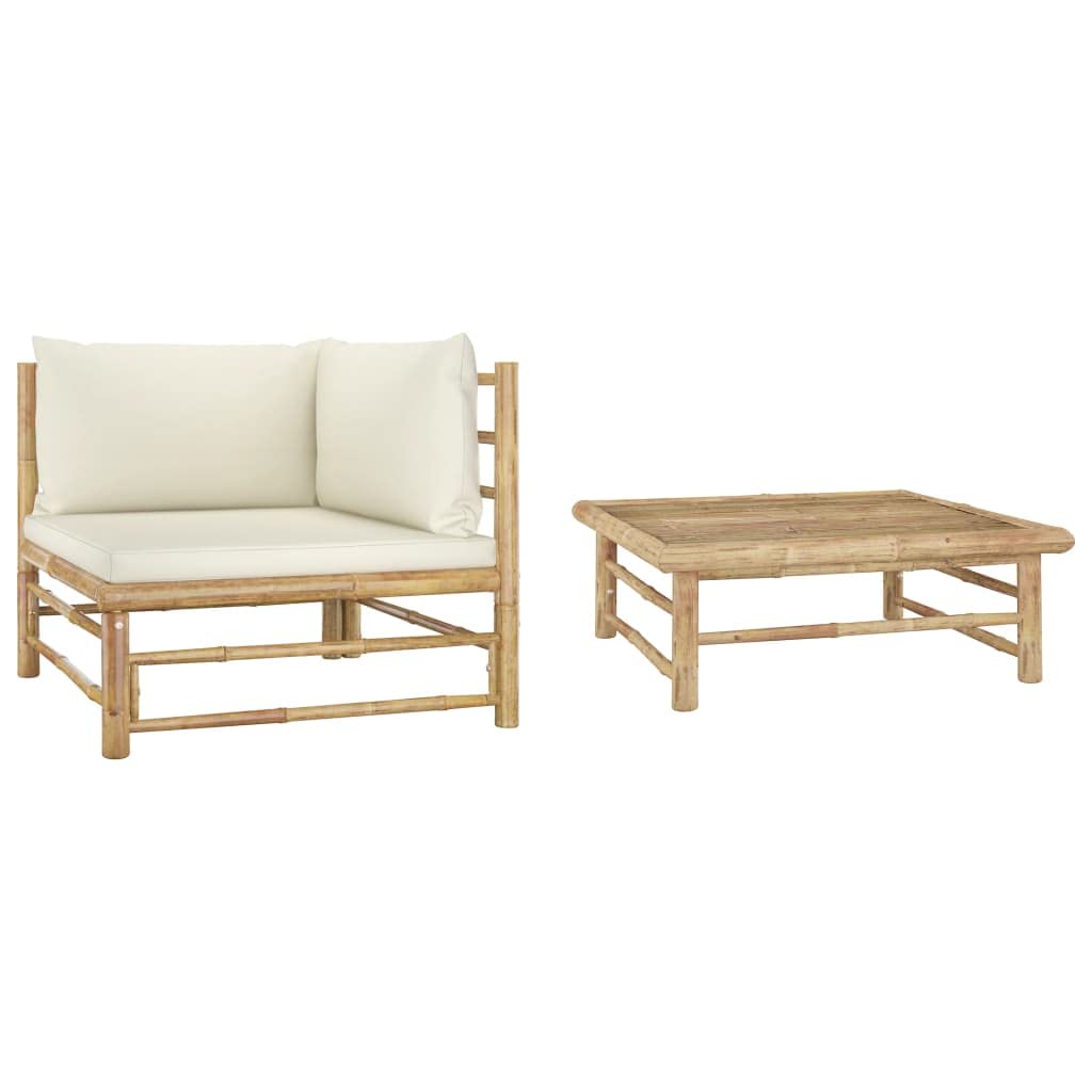 vidaXL 2-Piece Bamboo Patio Lounge Set with Corner Sofa & Table - Cream White Cushions - Weather-Resistant Outdoor Furniture for Garden, Poolside & Backyard Relaxation