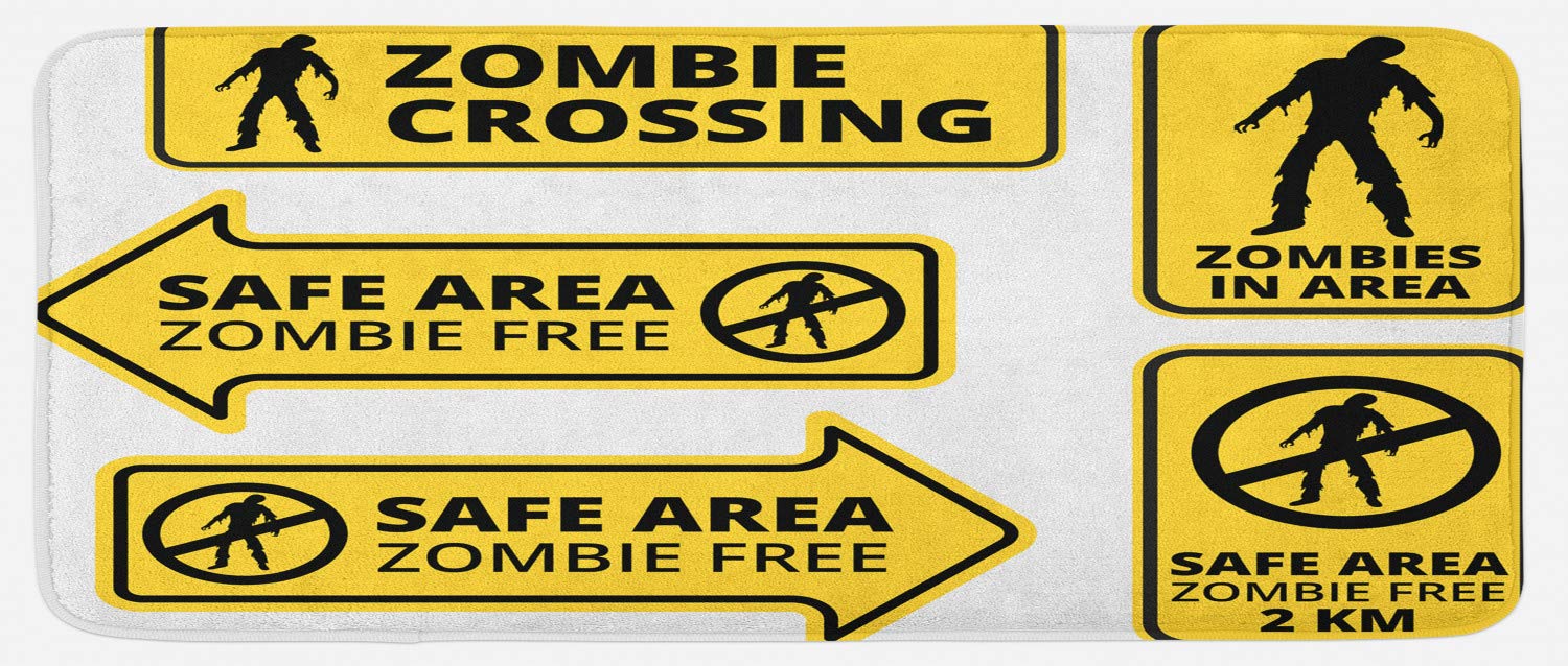 Ambesonne Zombie Horror Movie Kitchen Mat - Non-Slip Plush Rug with Caution Sign Design, 47x19 Inches, Yellow & Black - Perfect for Halloween Decor, Themed Parties & Horror Fan Gifts