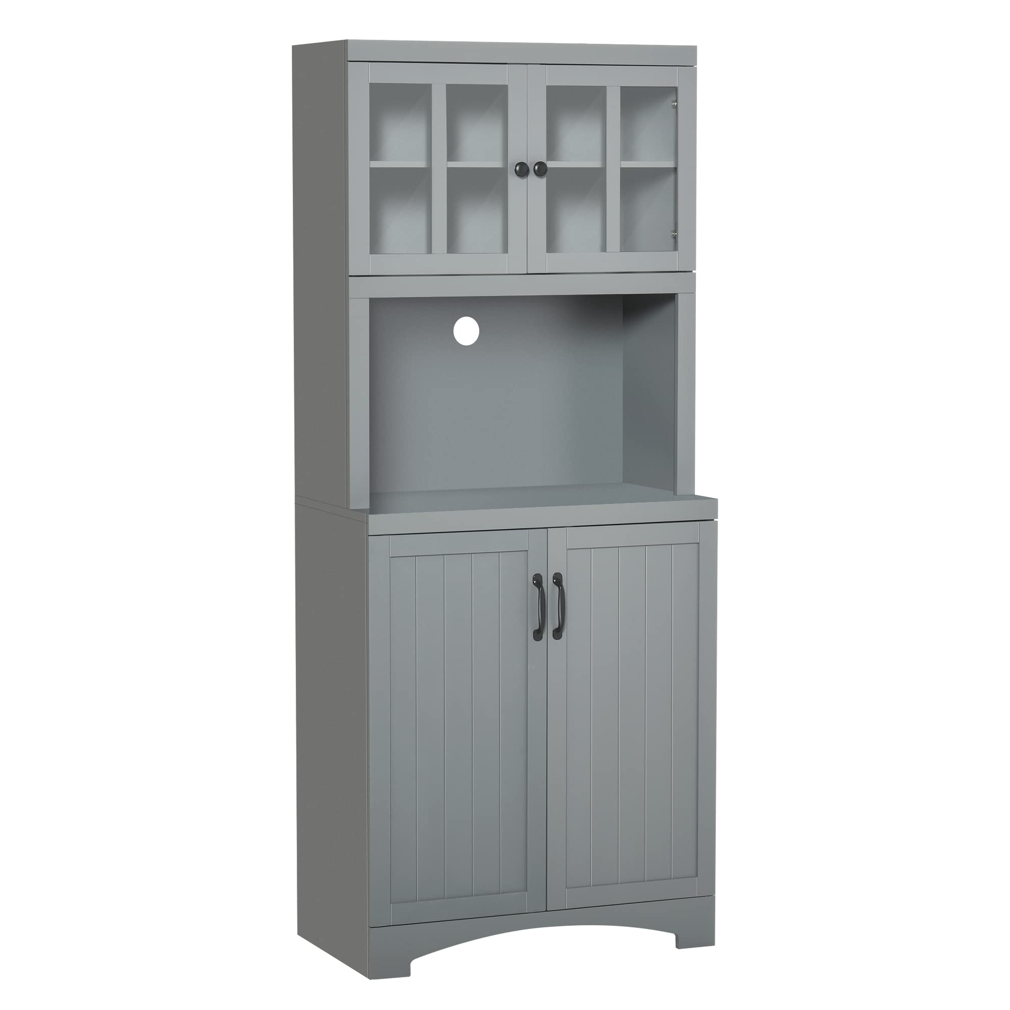 HOMCOM Grey Accent Buffet Hutch with Glass Doors - Kitchen Pantry Storage Cabinet with Microwave Space for Dining Room & Home Decor