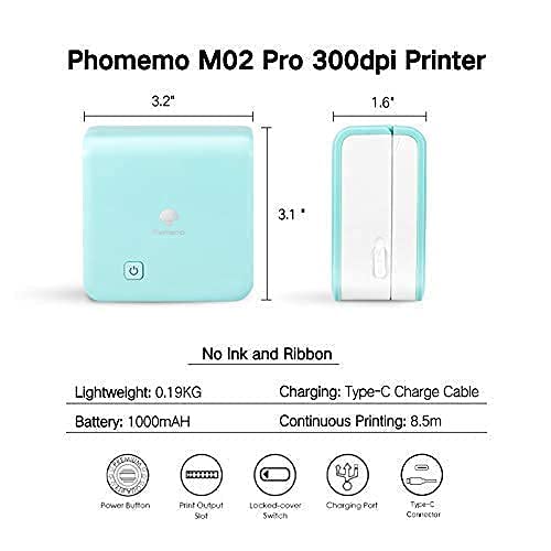Phomemo M02 Pro Mini Bluetooth Thermal Printer - Portable Pocket Printer with 3 Rolls White Sticker Paper, Wireless Compatible with iOS & Android for Study Notes, Journaling, Office Work, Learning Assistance | Perfect for Students, Teachers & Professionals