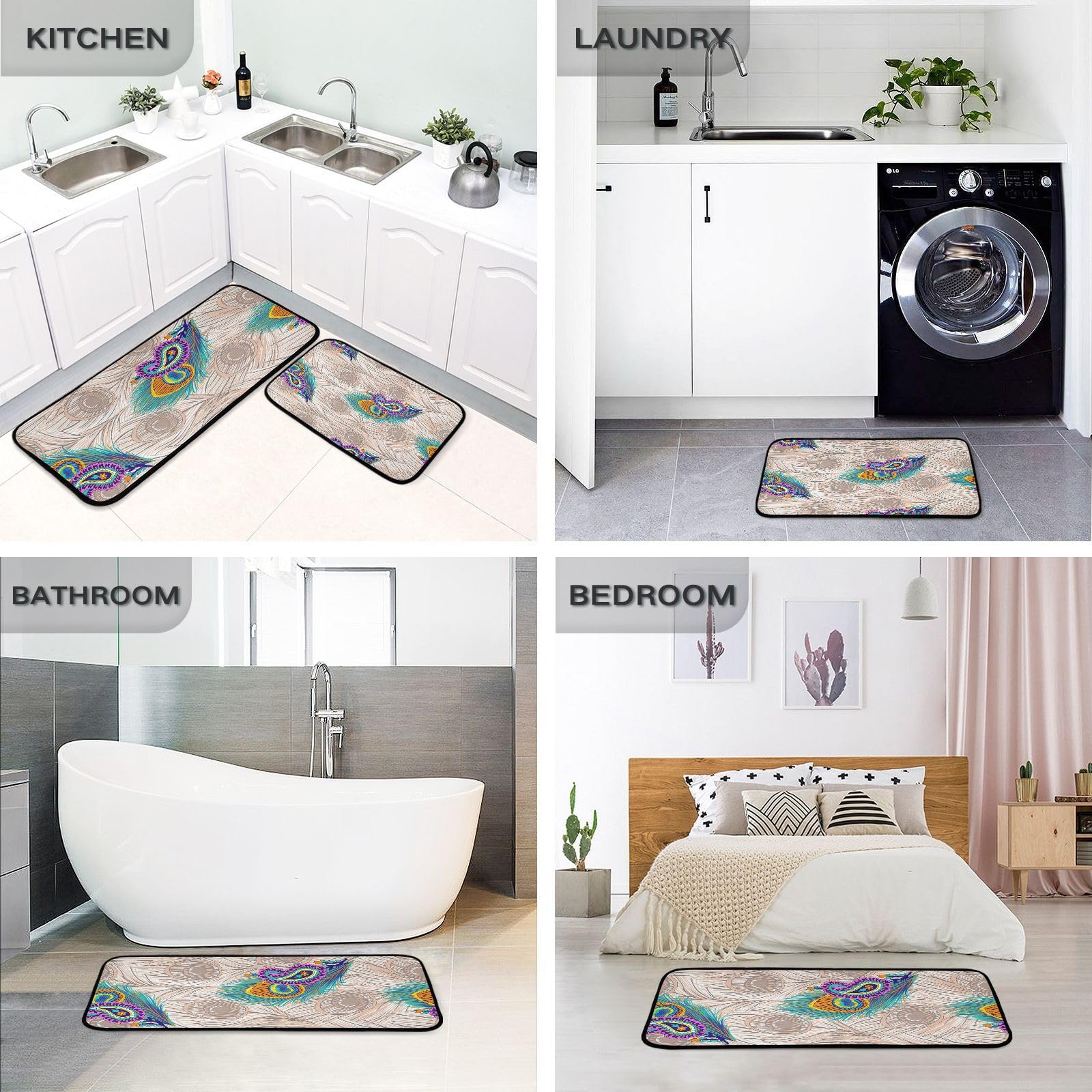 Peacock Feather Pattern Non-Slip Kitchen Rugs Set of 2 - Waterproof Kitchen Runner Mats for Comfortable Standing - Perfect for Home, Office, Laundry Room & Kitchen Decor