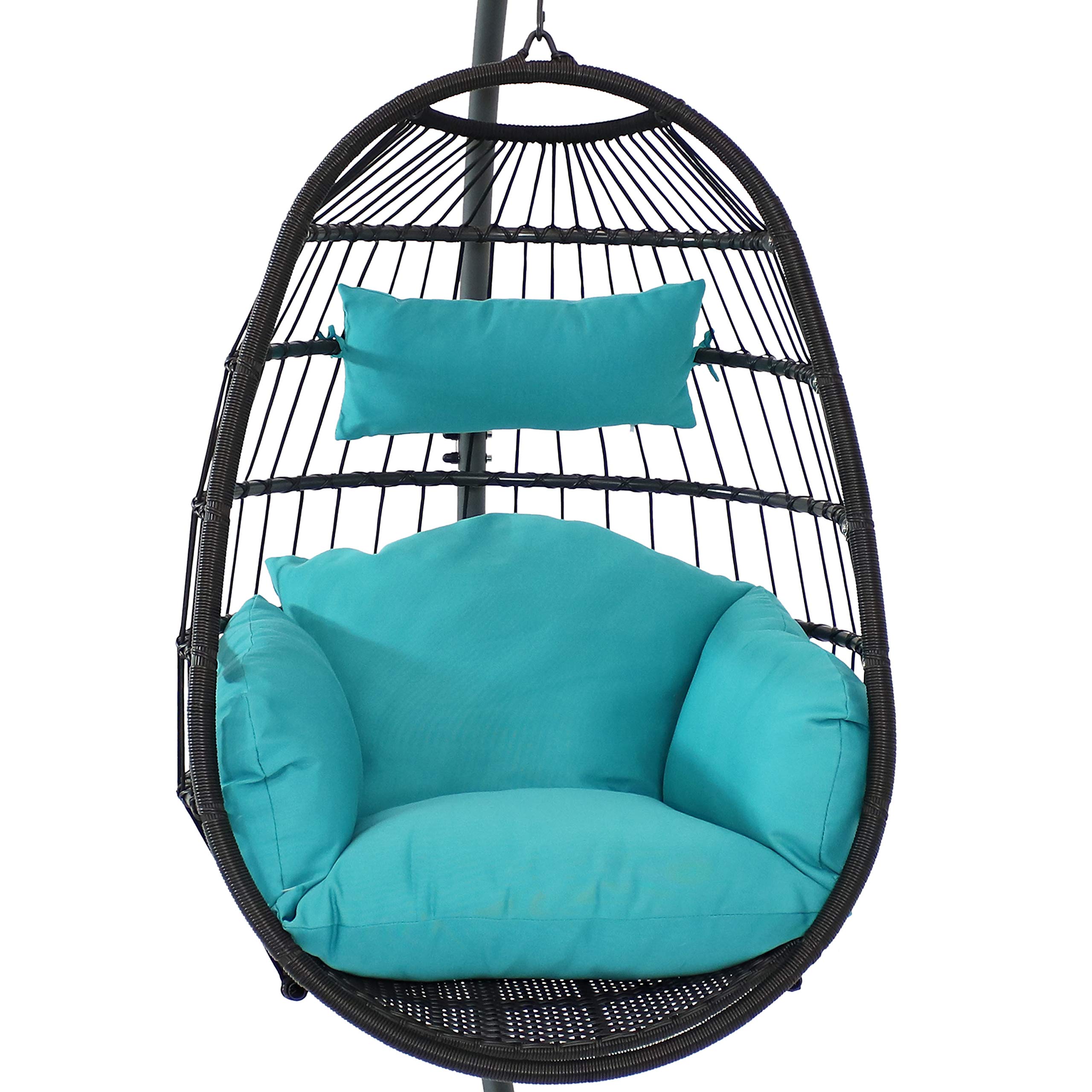 Sunnydaze Penelope Hanging Egg Chair with Turquoise Seat Cushions & Steel Stand - 78-Inch Black Wicker Swing Chair for Patio, Garden, Backyard Relaxation