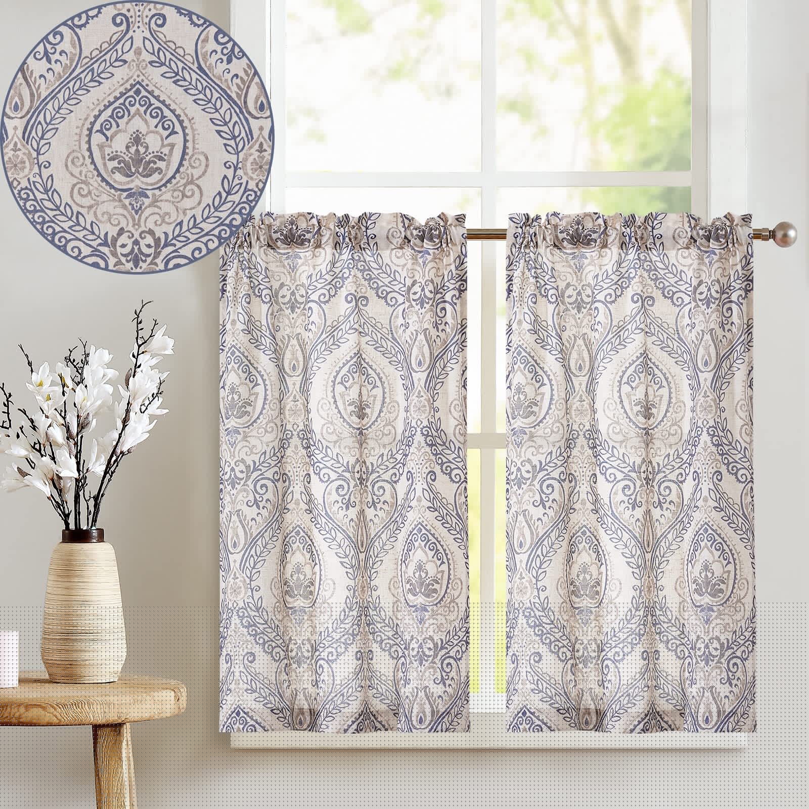 Jinchan Linen Blend Kitchen Curtains - 24 Inch Damask Design Window Tiers in Blue on Beige | Textured Flax Retro Style for Bedroom & Living Room Decor (Set of 2 Panels)