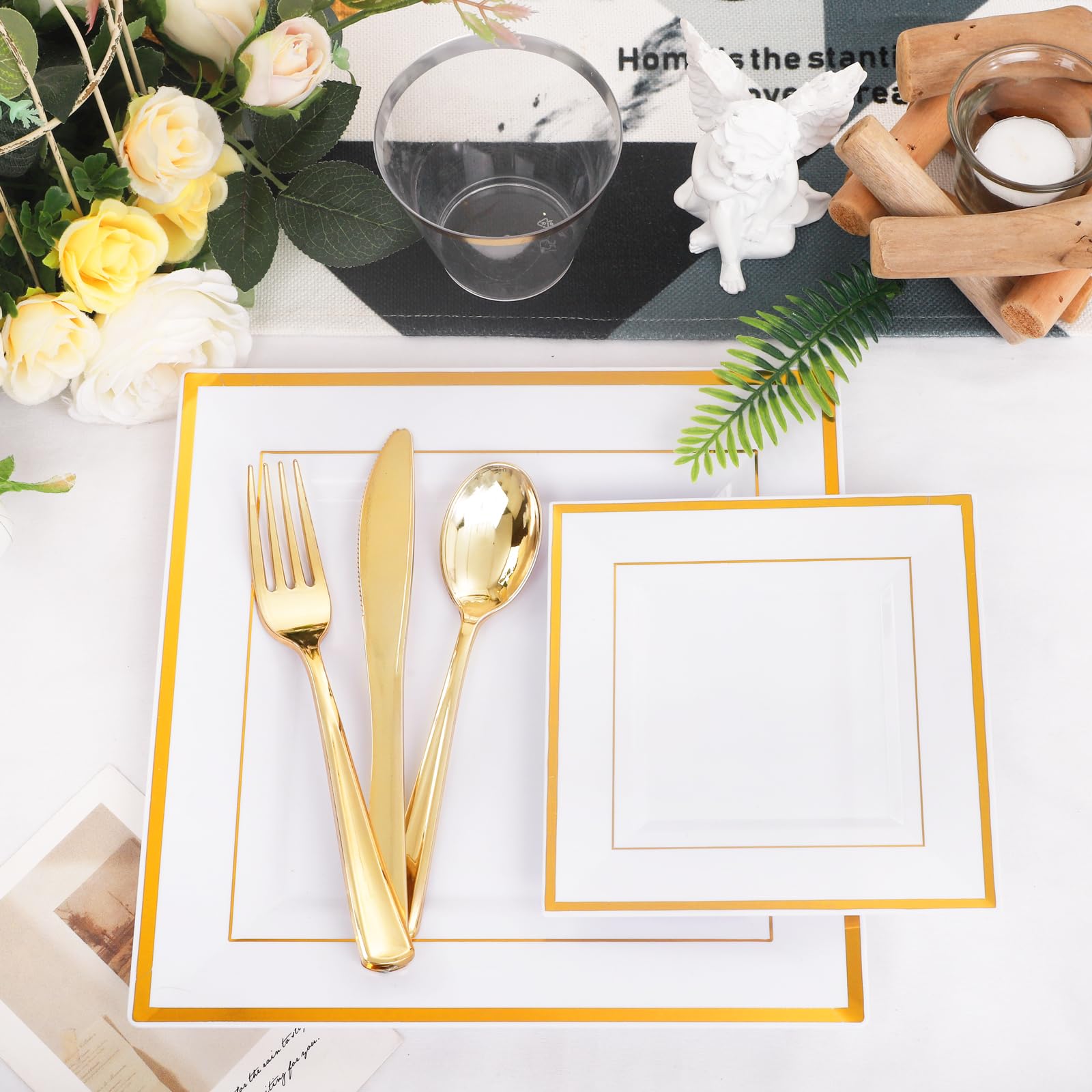 350Pcs Gold Plastic Party Plates Set - Disposable Square Gold Dinner Plates, Dessert Plates, Cups, Cutlery & Napkins for Wedding, Birthday, Anniversary Celebrations - Elegant Tableware for Special Occasions