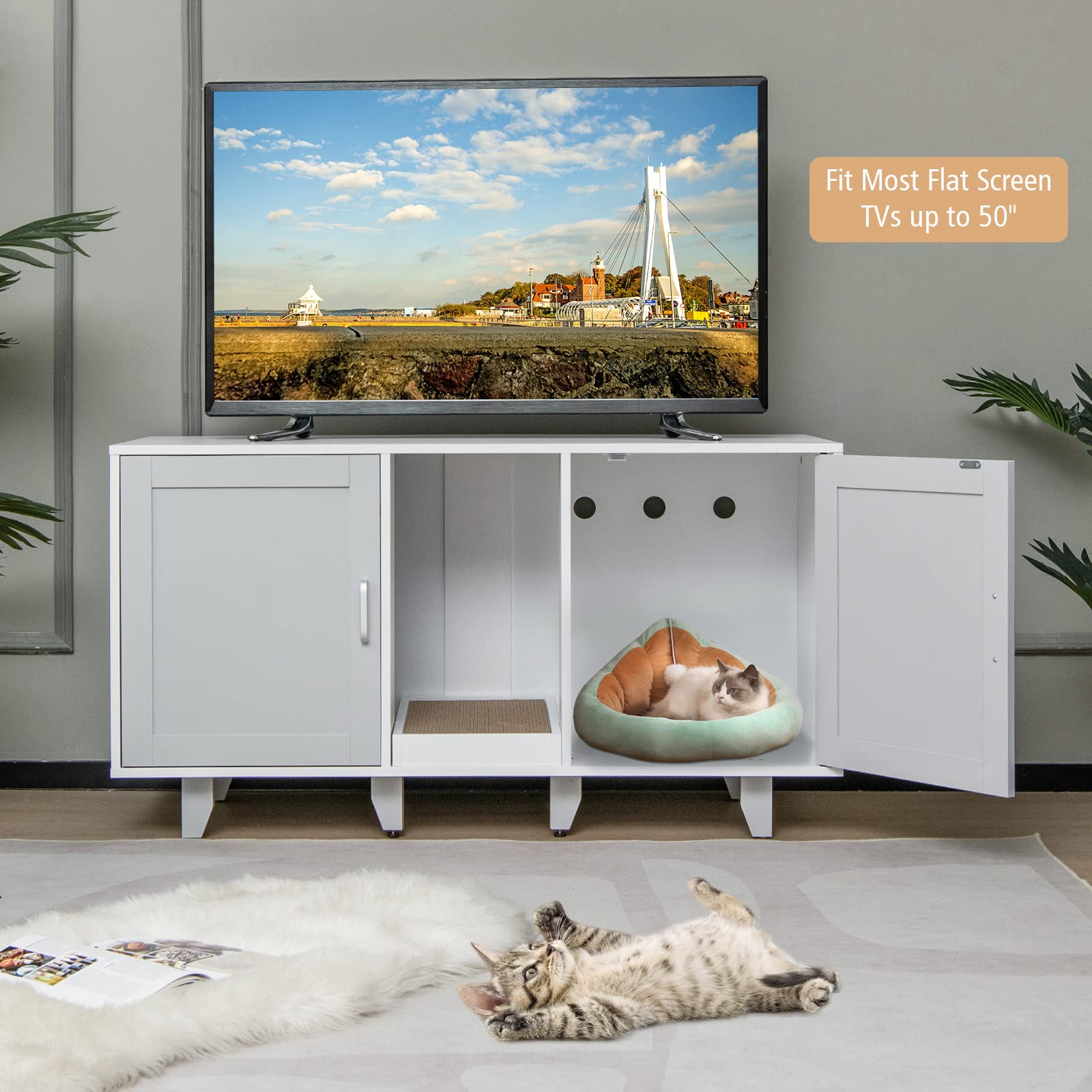 Tangkula Large Stackable Double Cat Litter Box Enclosure for 2 Cats - Hidden Privacy Cat Washroom Cabinet with Scratching Board - Indoor Cat House Furniture, TV Stand or Side Table (Grey) - Perfect for Small Spaces & Multi-Cat Homes