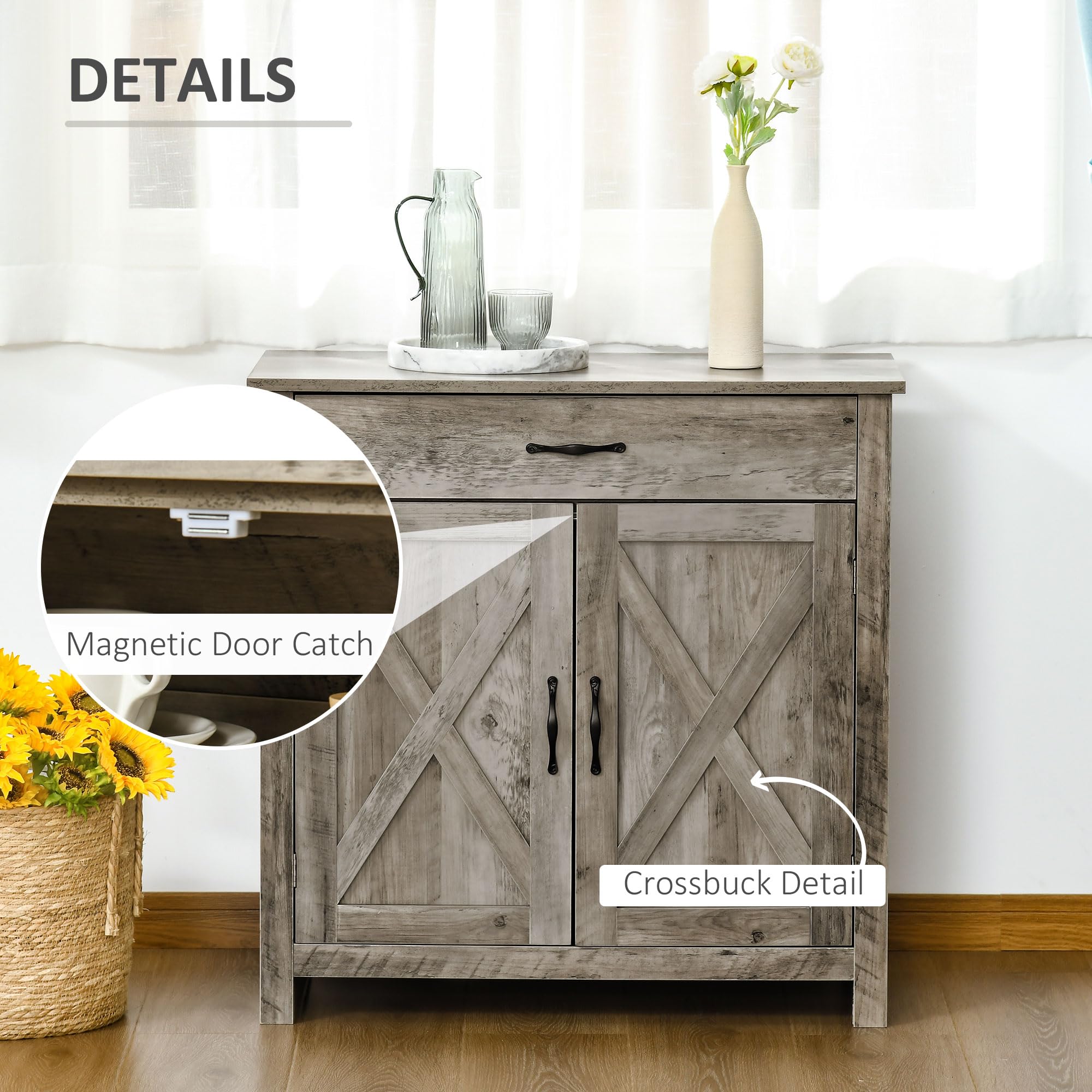 HOMCOM Farmhouse Sideboard Buffet Cabinet with Barn Doors - Coffee Bar Cabinet with Drawer & Adjustable Shelf - Rustic Kitchen Storage for Living Room, Entryway, Dining Room - Perfect for Entertaining & Home Organization (Gray)
