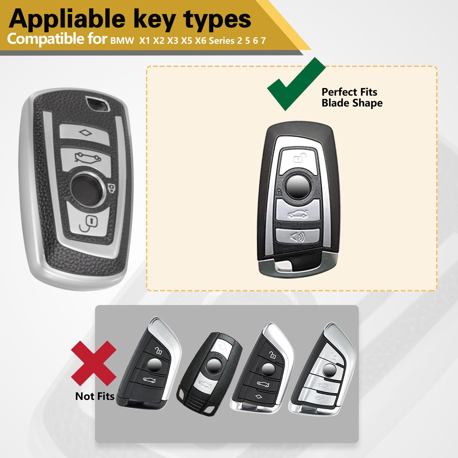 Premium Leather & Soft TPU BMW Keychain Holder - Classic Style Silver Key Fob Cover for BMW Smart Keys | Perfect Gift for BMW Owners & Car Enthusiasts | Ideal for Daily Use, Car Keys Protection & Stylish Accessory
