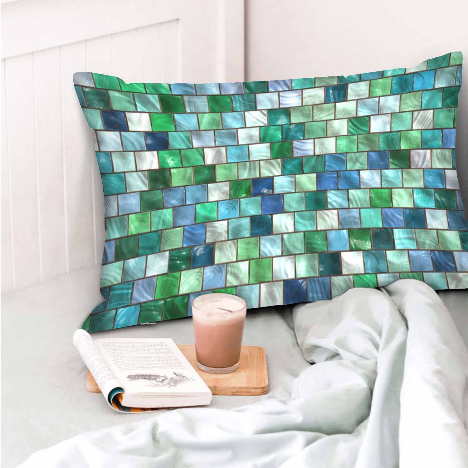 Premium Mugod Geometric Square Mosaic Pillow Cover - Blue & Green Decorative Throw Pillow Case 20x30 Inches for Sofa, Couch, Outdoor Furniture & Home Decor