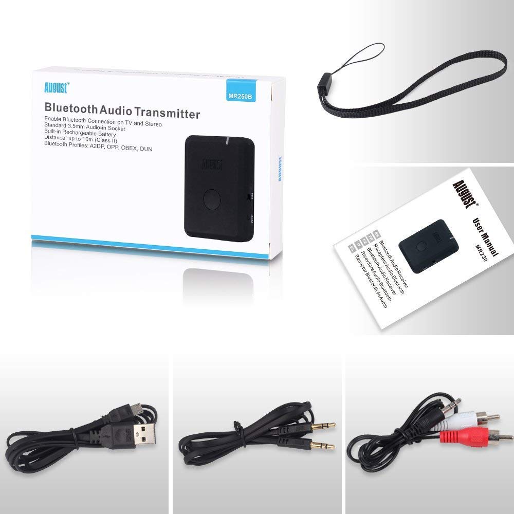 August MR250 Bluetooth Transmitter with aptX Low Latency - Wireless Audio Adapter for Streaming Music from 3.5mm Jack to Bluetooth Headphones & Speakers - Perfect for Home Theater, Gaming, and Travel - Black