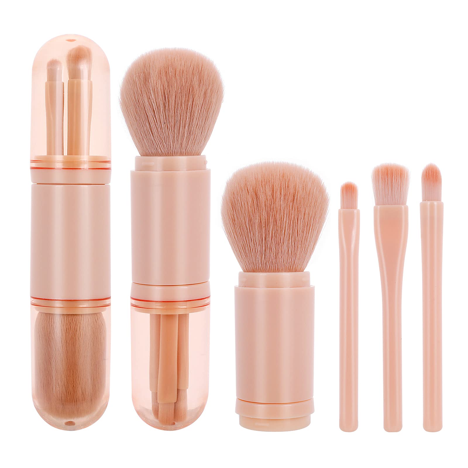 Molain Retractable Makeup Brush Set - 4 in 1 Portable Travel Cosmetic Brushes for Lips, Highlight, Eyeshadow & Foundation | Mini Face Powder & Blending Brush | Perfect for On-the-Go Makeup & Travel Essentials (Pink)