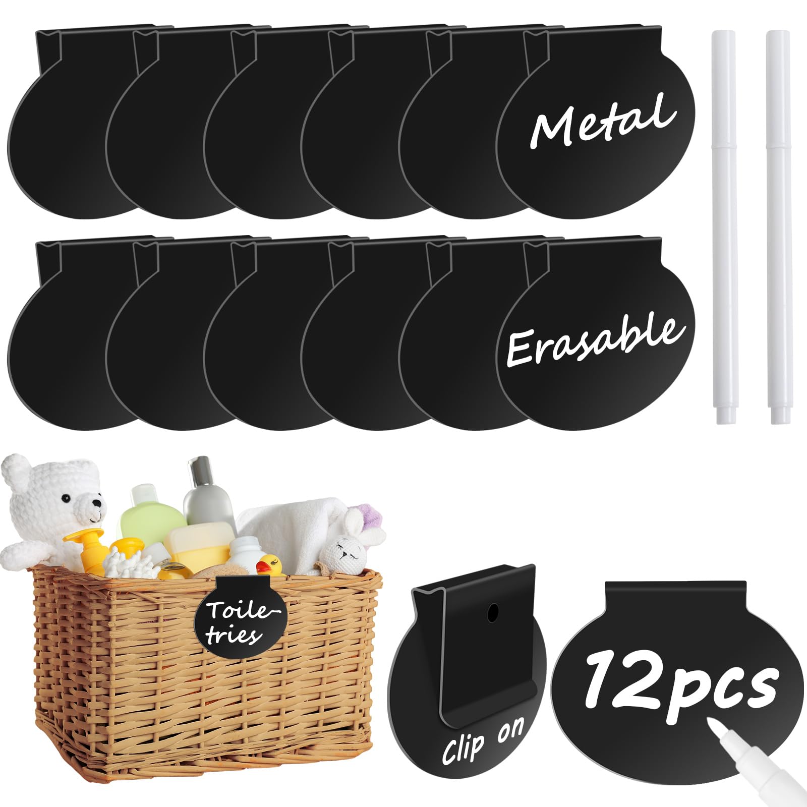 12 Pack Black Metal Storage Bin Labels - Removable Clip On Pantry Basket & Shelf Tags for Organizing Fabric Closet, Box Container & Drawers - Includes Chalk Markers - Perfect for Home, Office & Retail Organization
