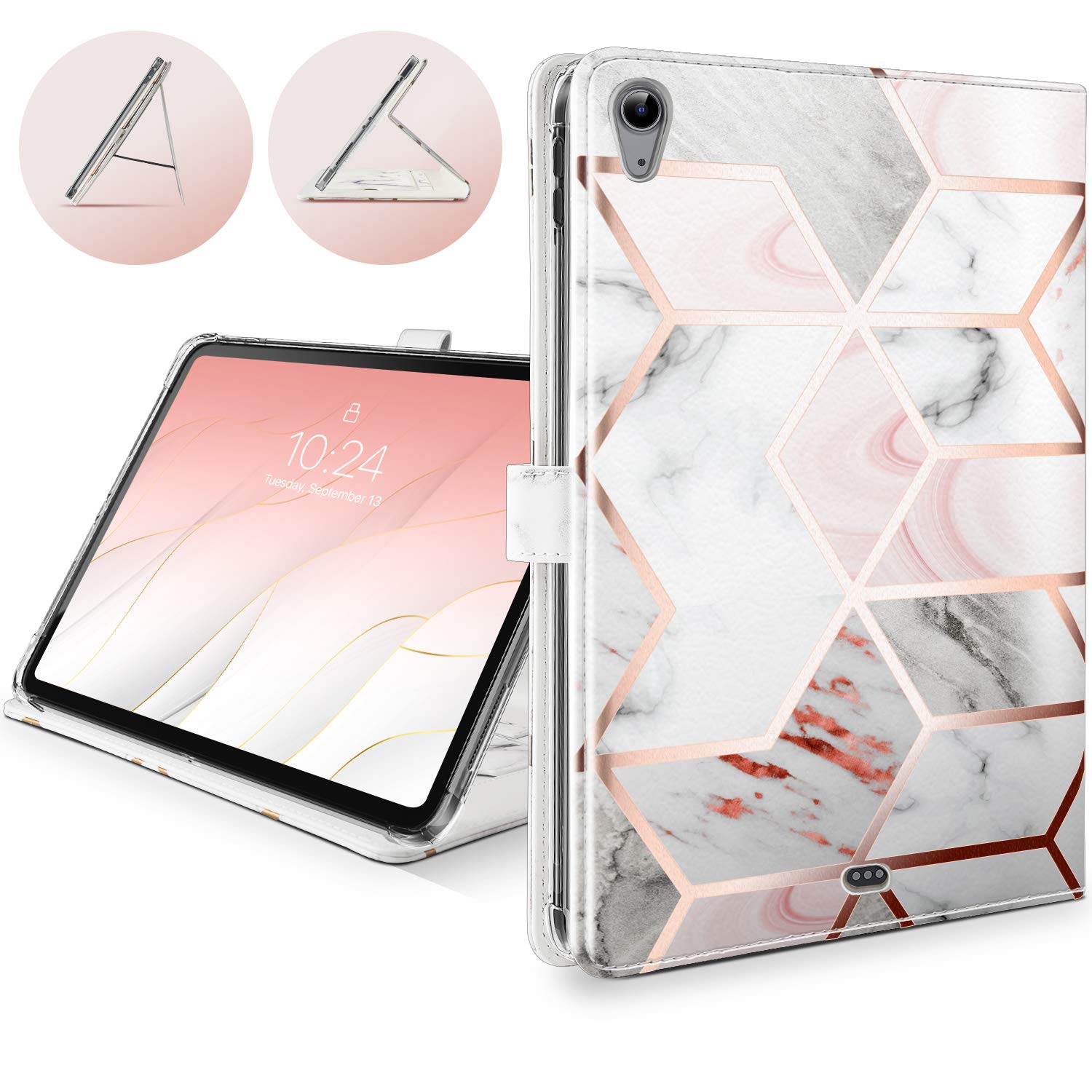 Shields Up iPad Air 5th/4th Generation Case (2022/2020 Model) - 10.9 Inch Protective Cover with Strap, Pencil Holder & Card Slot | Auto Wake/Sleep Feature | Marble Design | Perfect for Work, Travel & School Use