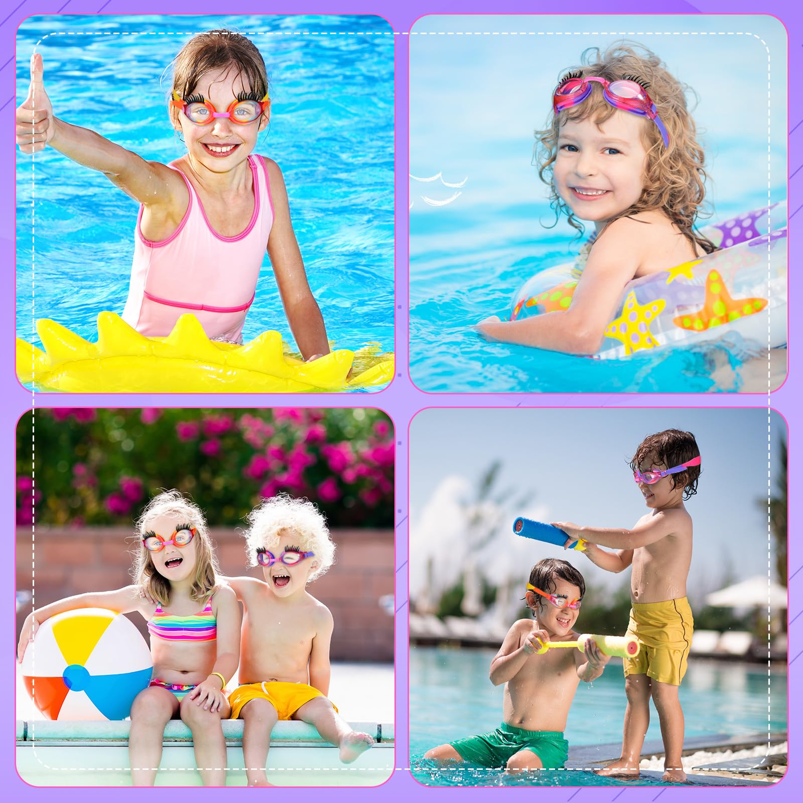 Konohan 2-Pack Kids Swim Goggles with Eyelashes - No Slip, Leak Proof, Anti-Fog & UV Protection for Girls - Perfect for Swimming Lessons, Pool Parties & Lash Extensions
