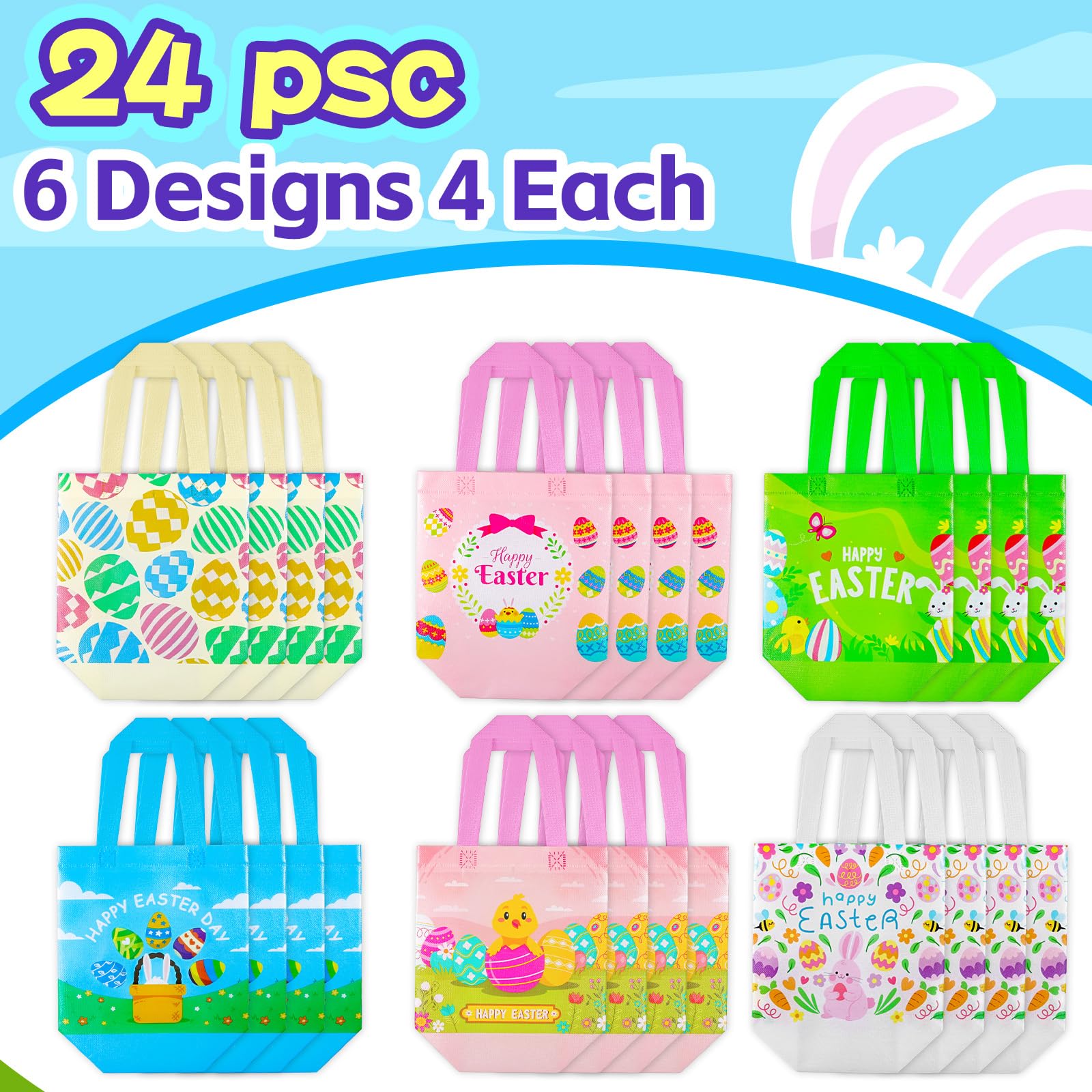 MGparty 24 Pack Easter Gift Bags with Handles - Reusable Non-Woven Holiday Favor Bags for Egg Hunt, Candy & Treats (8.9×8.7×4.3inch) - Perfect for Easter Party Favors, Classroom Treats & Spring Celebration Gifts