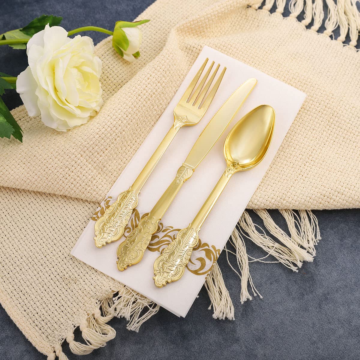 48-Pack 7oz Gold Glitter Plastic Dessert Cups with Spoons - Disposable Gold Party Plates, Silverware & Cups for Birthday, Wedding, Baby Shower & Holiday Events