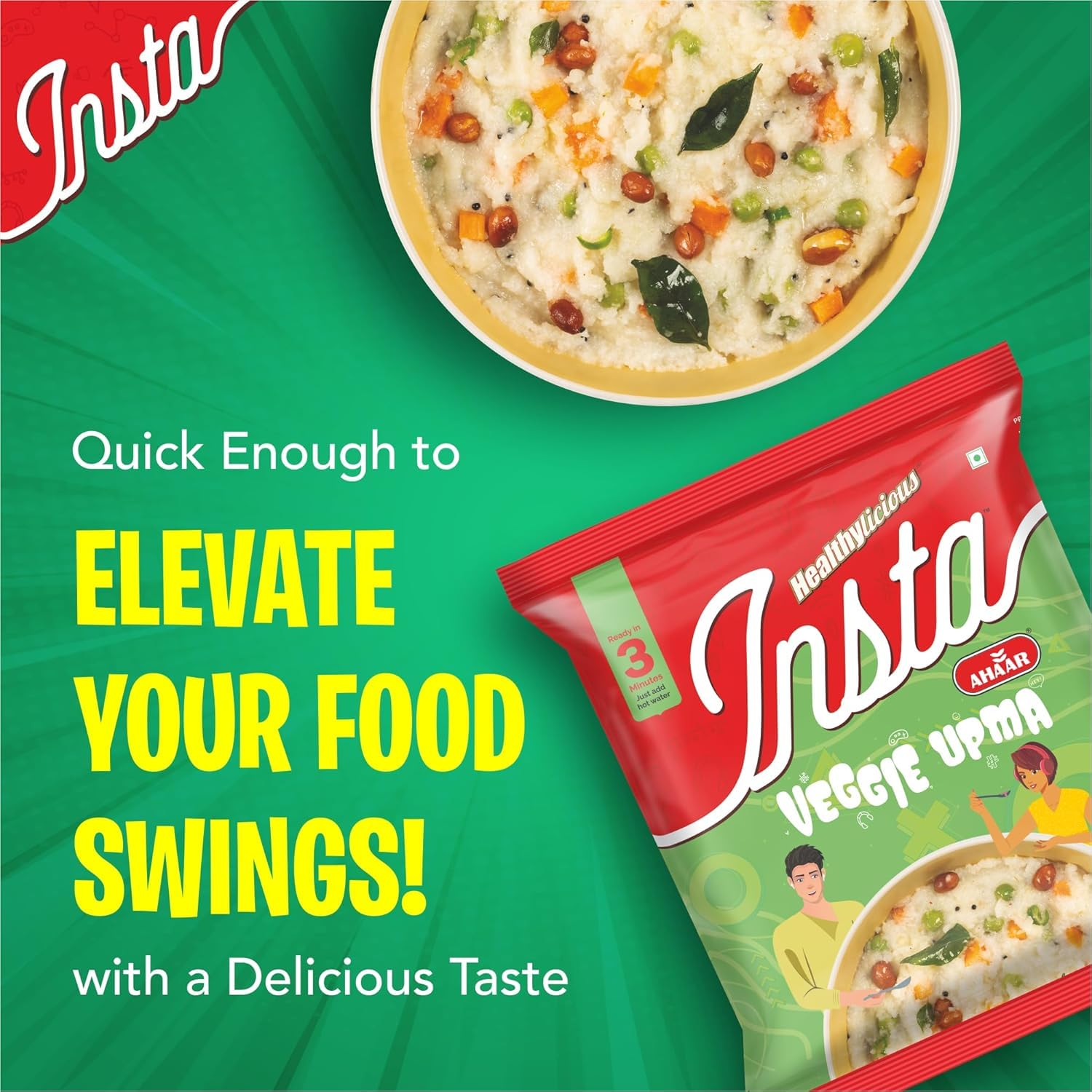 Insta Ahaar Veggie Upma Ready-to-Eat Instant Meal - Pack of 5 (60g Each) | Healthy Indian Breakfast & Snack | Quick Vegan Food for Office, Travel & Emergency Meals