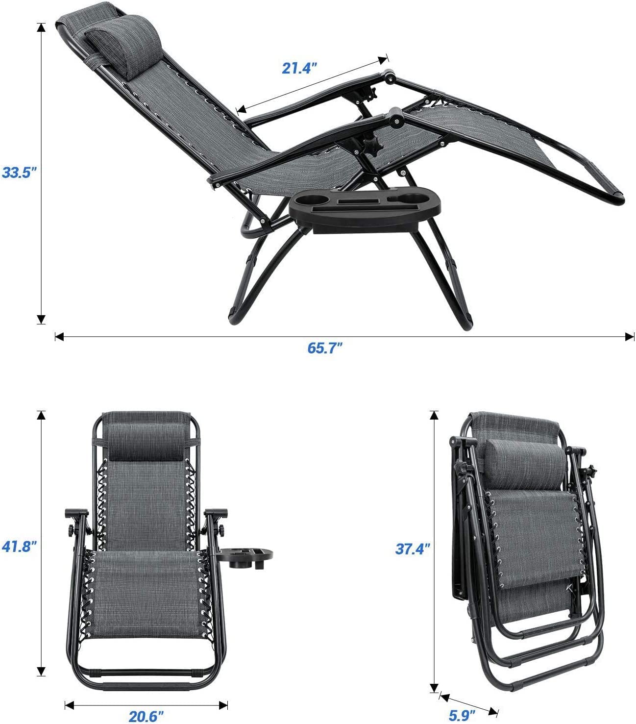 Set of 2 Adjustable Steel Mesh Zero Gravity Lounge Chair Recliners with Pillows and Cup Holder Trays - Gray - Perfect for Patio, Poolside, Backyard Relaxation and Outdoor Lounging