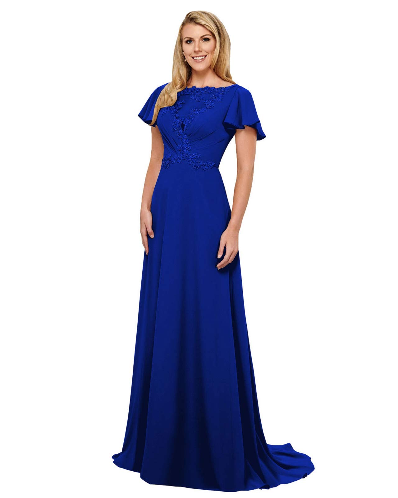 Elegant Mother of The Bride Dress with Lace Applique - Formal Evening Gown for Wedding Guest - Chiffon Fabric with Short Sleeves - Perfect for Weddings, Parties, and Special Occasions