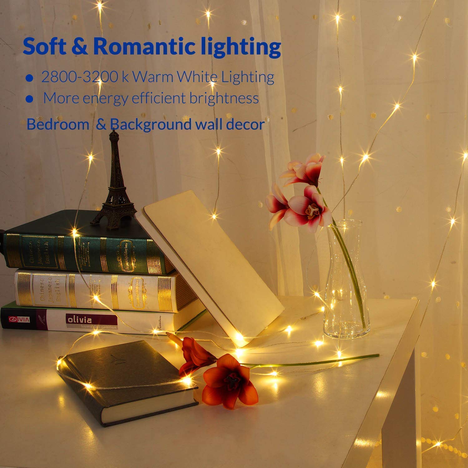 200 LED Battery Operated Curtain Lights - 6.6×6.6ft Waterproof Fairy Lights with Remote, 8 Modes & Timer - Warm White Indoor Outdoor Wedding Backdrop, Bedroom, Garden, Party Decor (Perfect for Weddings, Christmas, Patio, and Home Decoration)