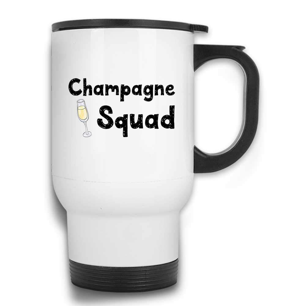 Funny Bachelorette Party Travel Mug - 14oz White Stainless Steel Champagne Squad Tumbler with Handle & Leakproof Lid | Perfect for Bridal Showers, Girls Trips & Bachelorette Party Gifts
