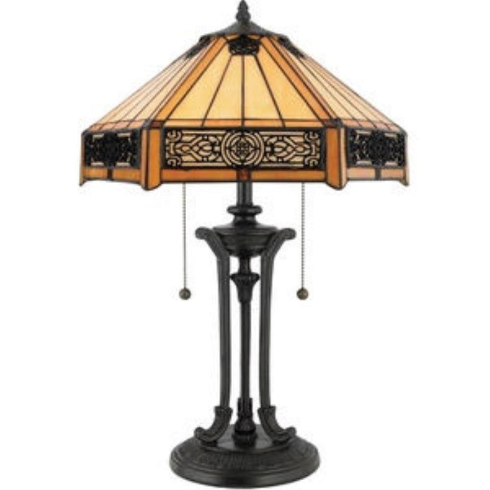 2 Light Craftsman Tiffany Table Lamp with Pedestal Bronze Base & Handcrafted Gothic Art Glass Shade - Dual Pull Chains - Perfect for Living Room, Bedroom, Office Decor & Vintage Home Lighting