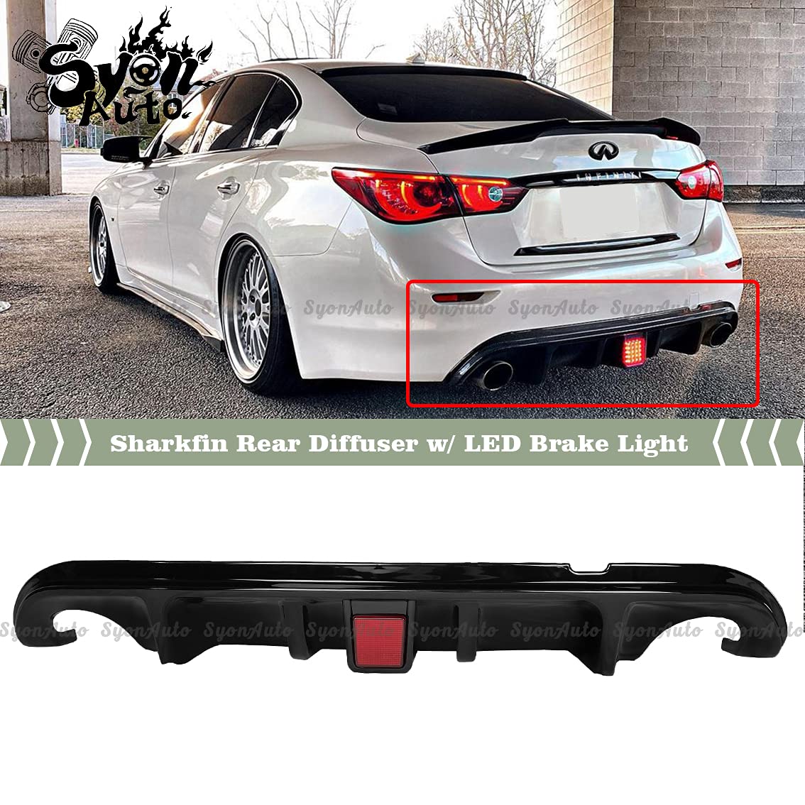 2014-2017 INFINITI Q50 Gloss Black Shark Fin Rear Diffuser with LED Brake Light - High Performance Car Styling for Enhanced Aerodynamics & Night Visibility