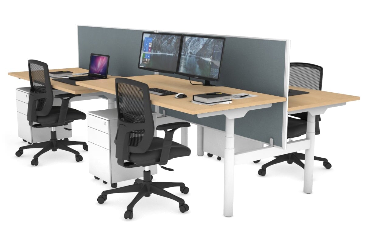 Flexi Premium Height Adjustable 4-Person H Bench Workstation - White Frame [1400L x 800W with Cable Management] - Ideal for Office, Coworking Spaces & Home Offices