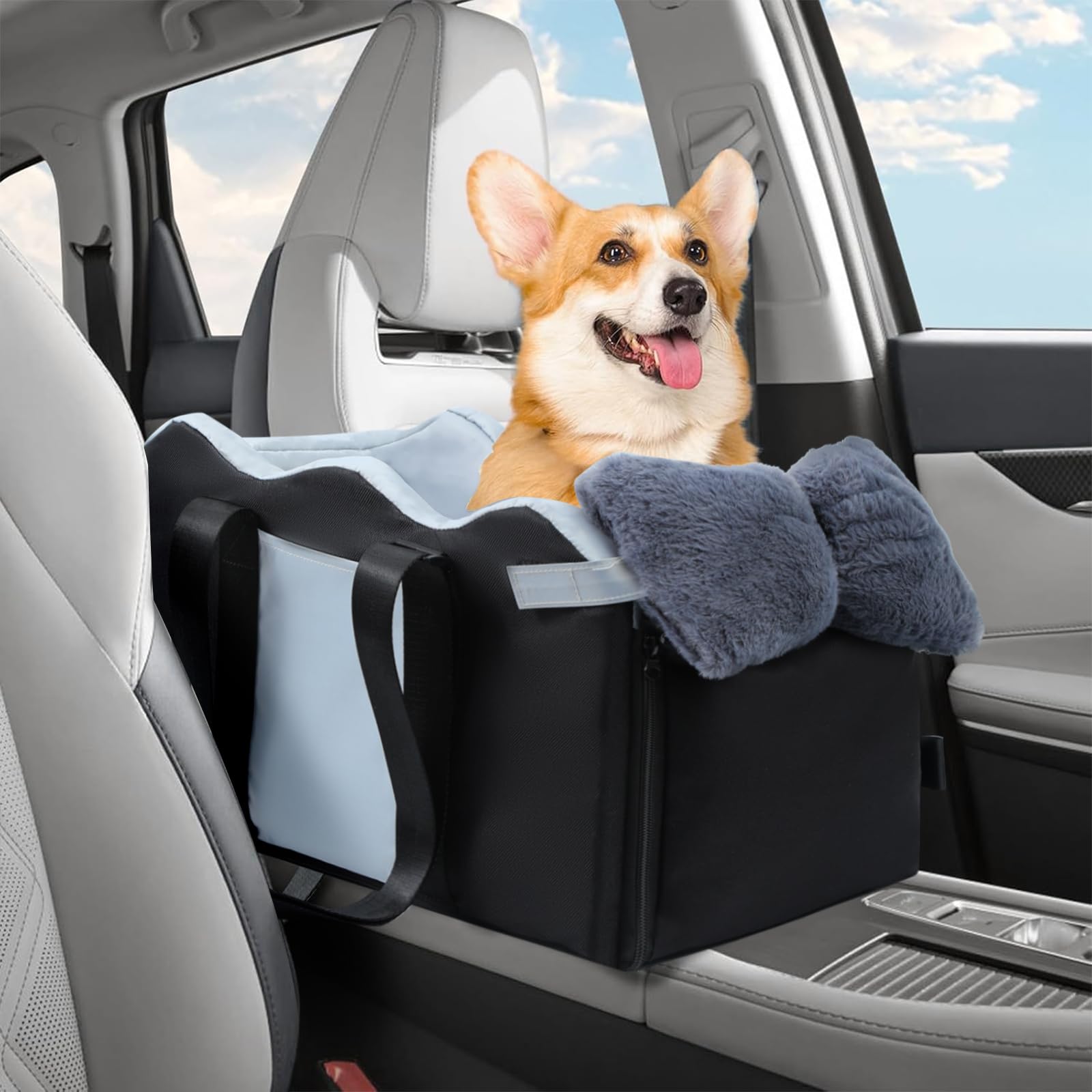 **Premium Center Console Dog Car Seat for Small Dogs & Cats – Soft Cushion & Safety Belt – Puppy Booster Seat for Cars – Pet Travel Accessories – Ideal for Road Trips & Daily Commutes (Black)**