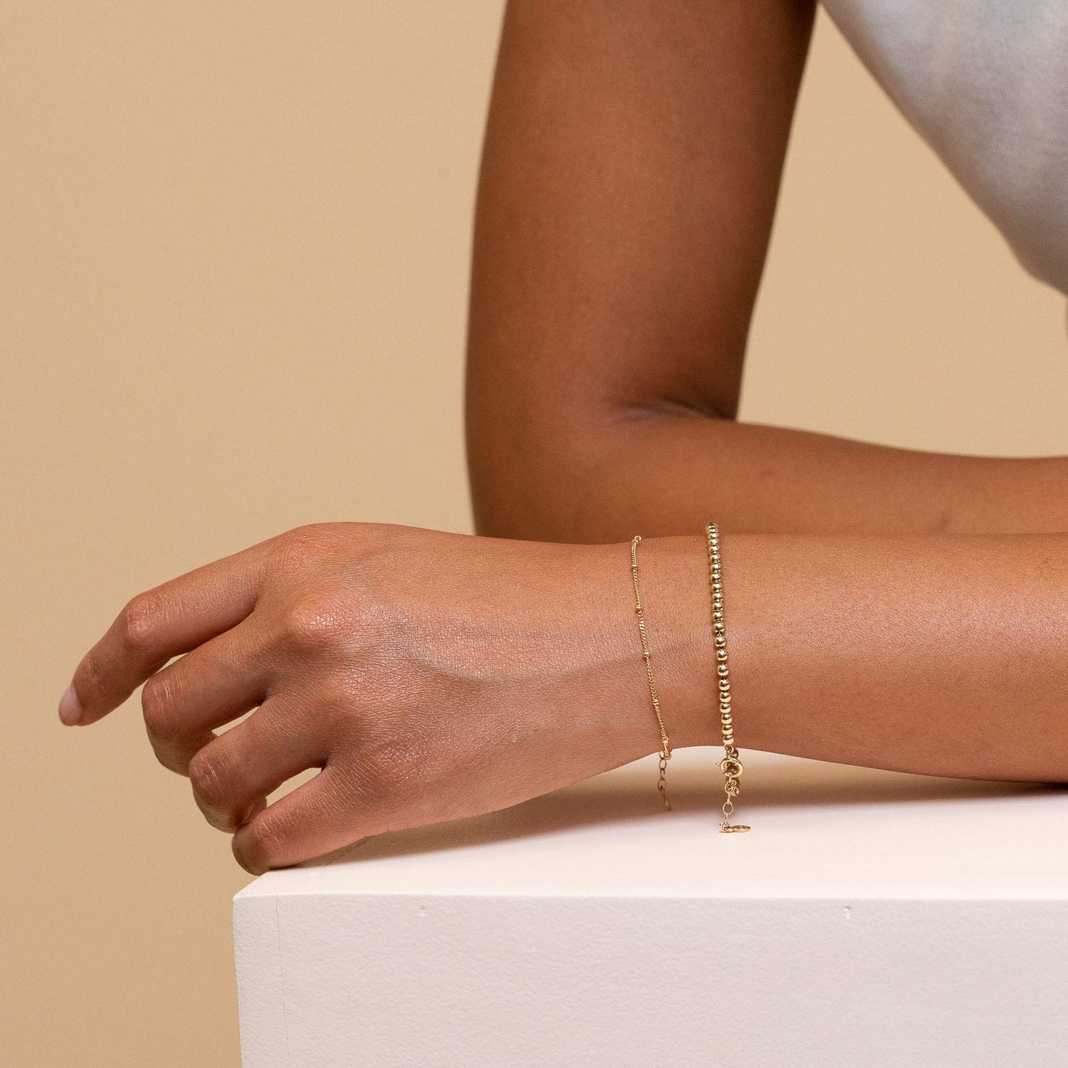14K Gold Plated & Sterling Silver Dainty Women's Bracelet - Minimalist Beaded Chain Layered Coin Charm Satellite Link Jewelry for Everyday Wear & Gift Giving