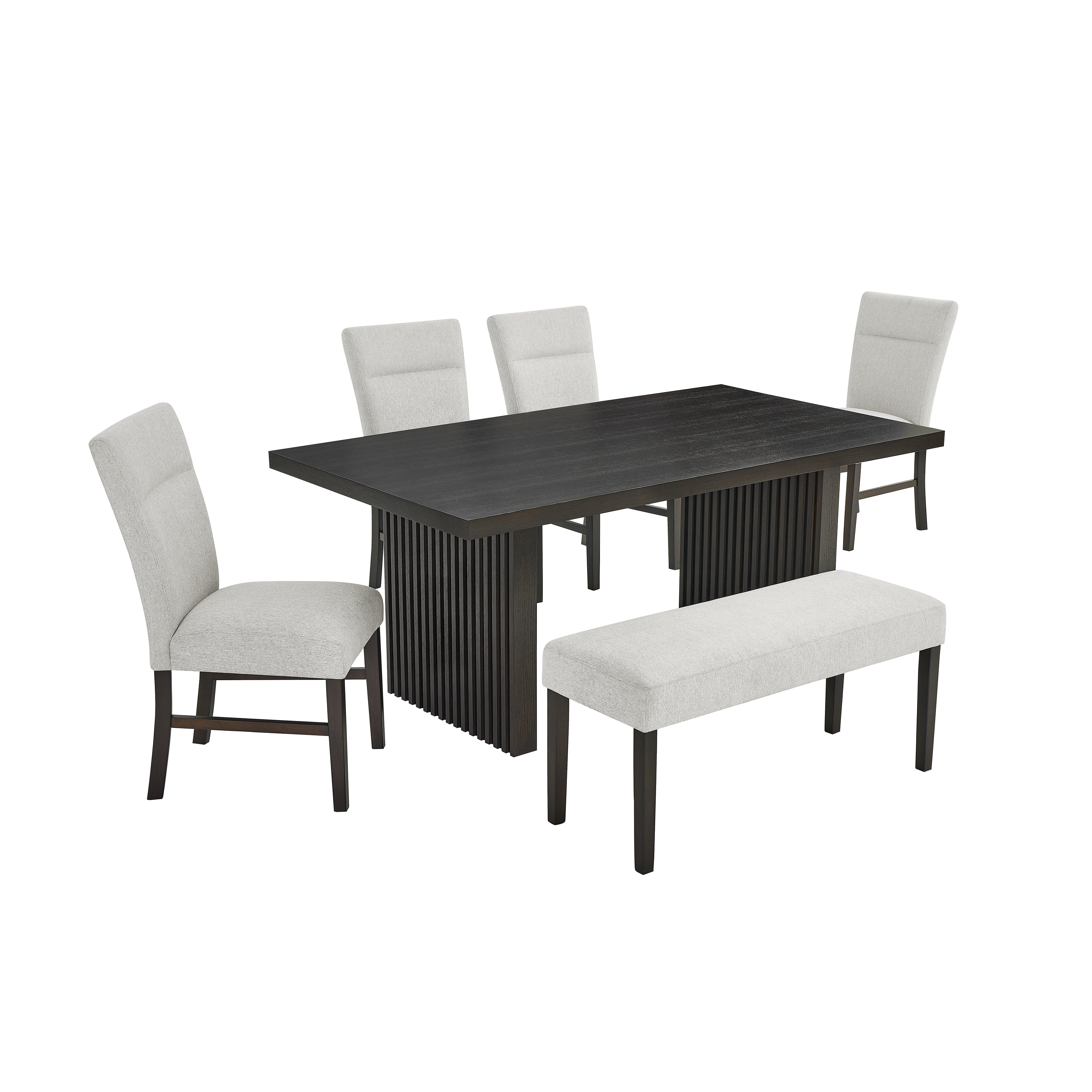Roundhill Furniture Madison 6-Piece Dining Set - Gray Slat Fluted Dining Table with 4 Chairs & Bench | Perfect for Kitchen, Dining Room & Small Spaces