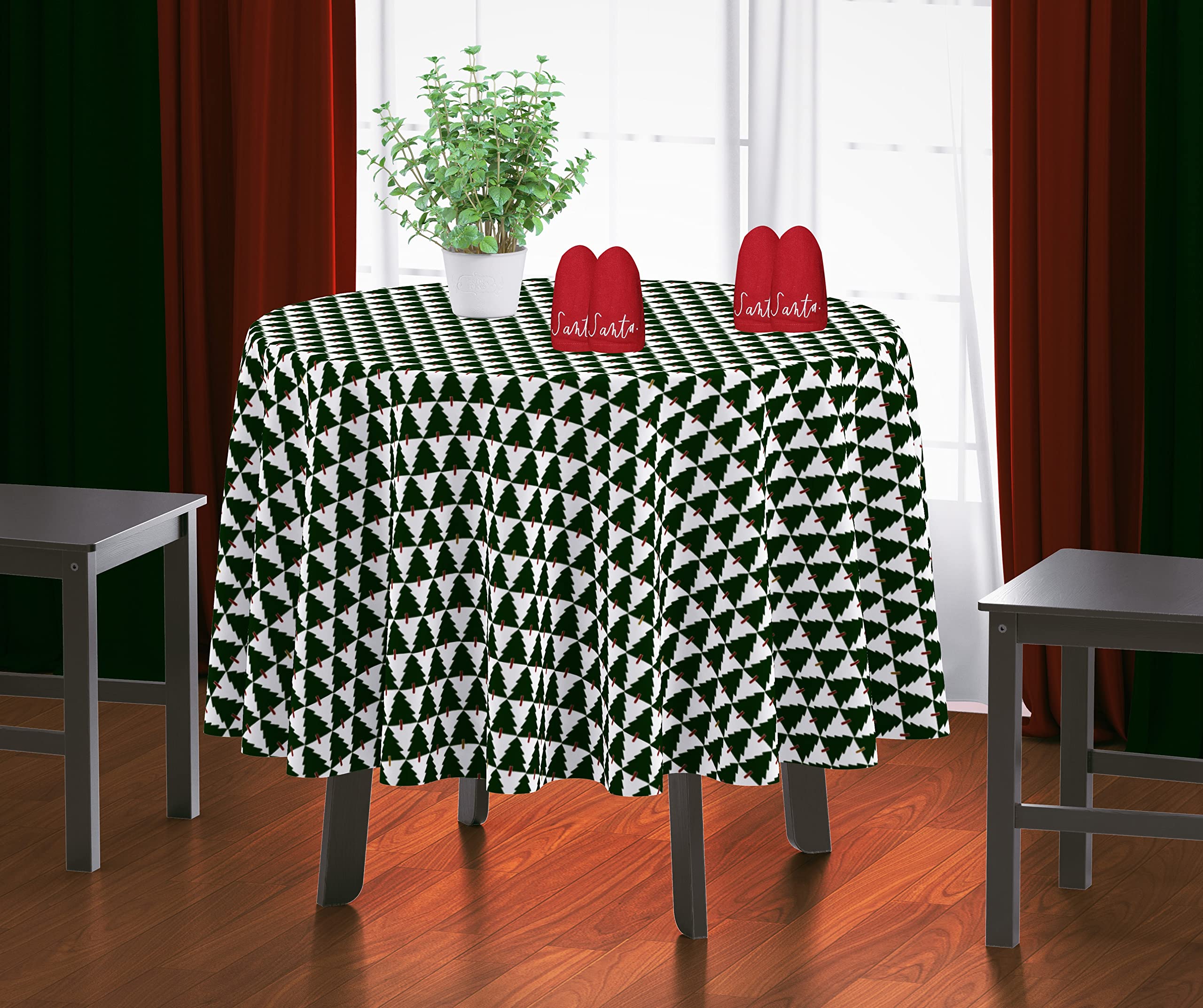 Premium Cotton 4-Seater Round Tablecloth | Christmas Tree Print Dining Table Cover with Matching Napkins | 60 x 60 Inch Waterproof Table Decor for Holiday Parties, Family Gatherings & Festive Home Decor