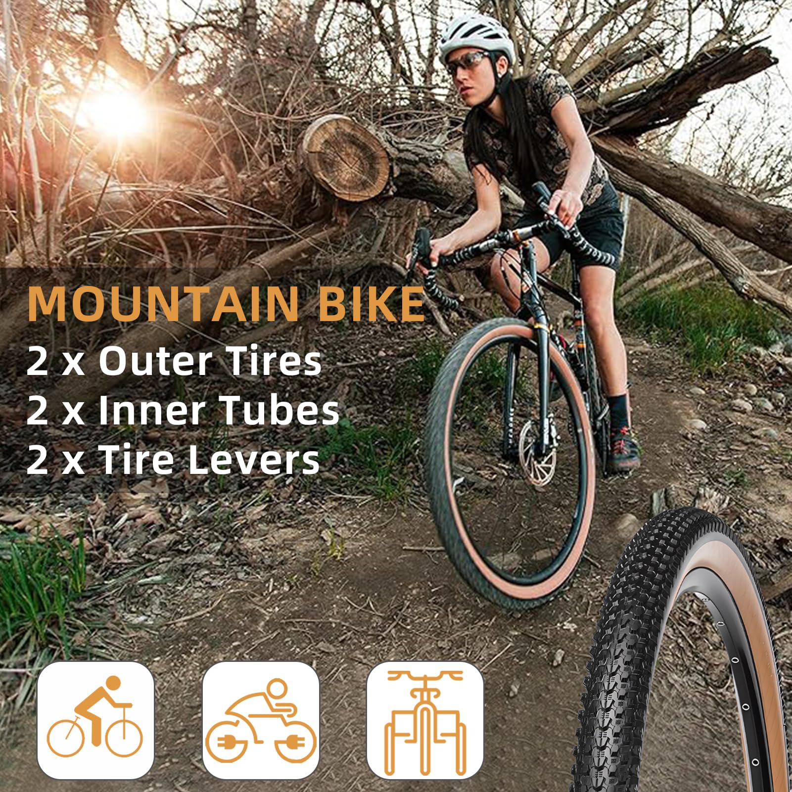 Premium 2-Pack Bike Tires Set - 26x2.10, 27.5x1.95/2.1, 29x2.1/2.25 Inch 60 TPI Mountain Bike Tires with Inner Tubes & Tire Levers - Durable Replacement for Off-Road & Trail Cycling Adventures