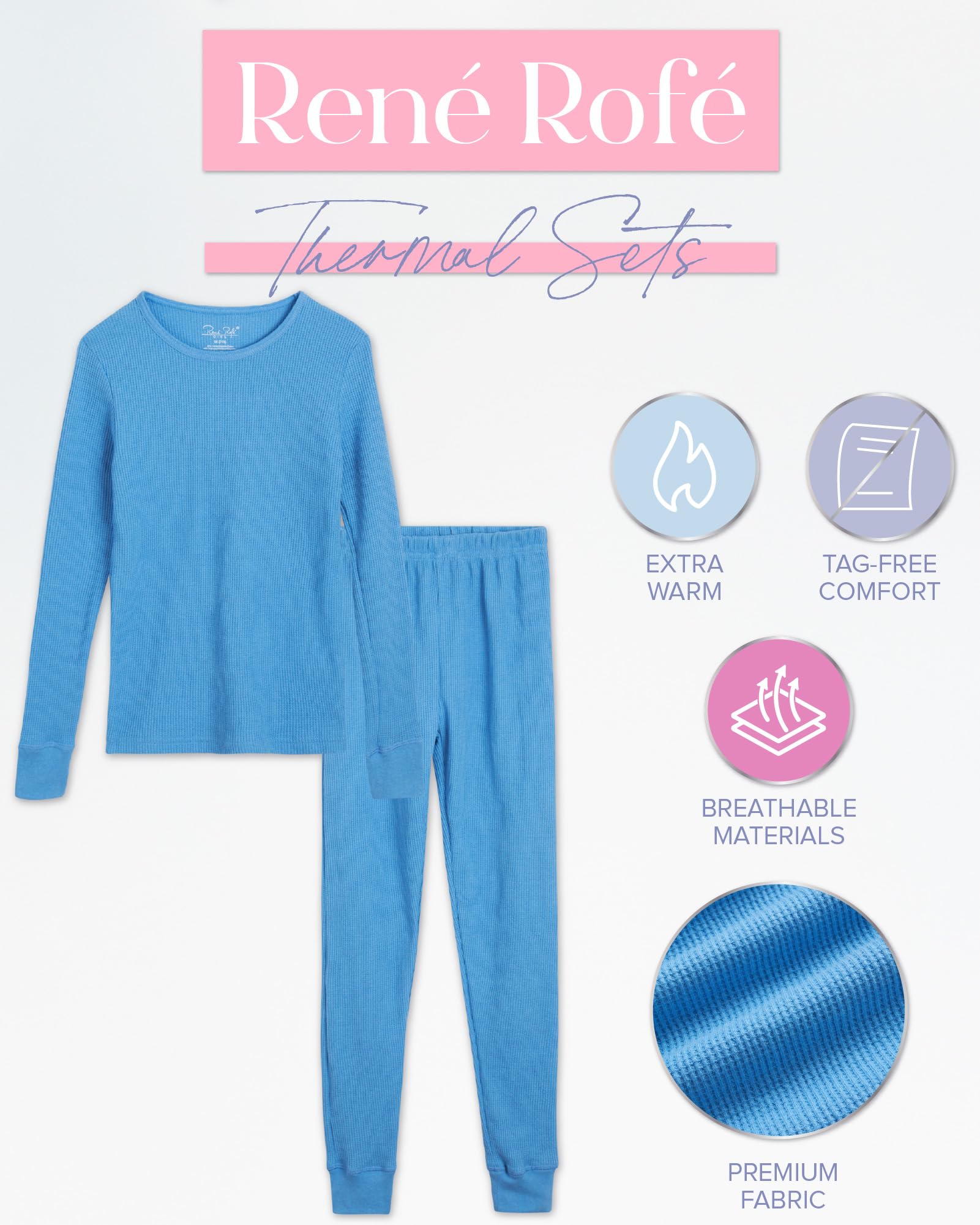 Rene Rofe Girls' Thermal Underwear Set - 4 Piece Waffle Knit Top & Long Johns (2T-16) | Warm Winter Base Layer for Kids | Perfect for Snow Play, Skiing & Cold Weather Activities