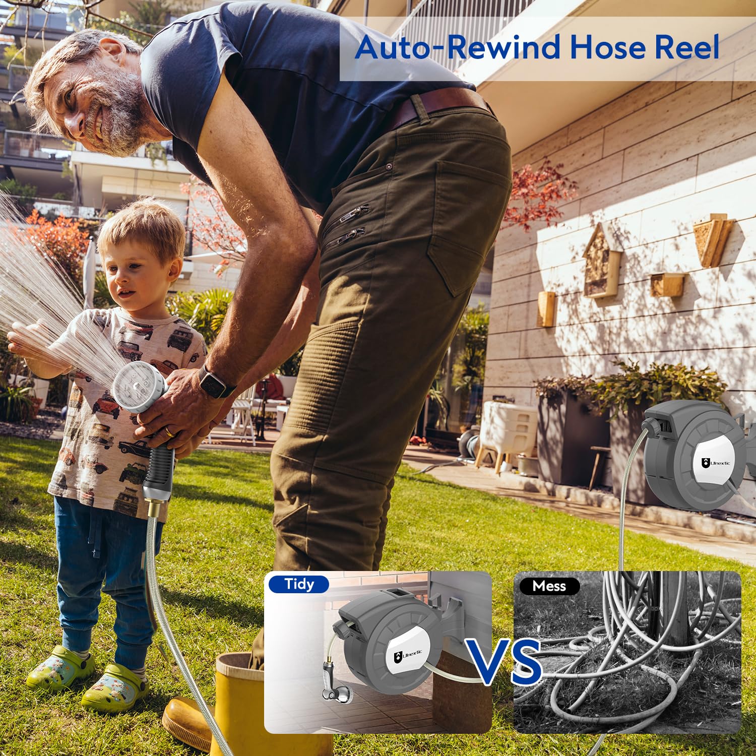 Retractable Garden Hose Reel - 1/2 Inch x 100 Feet Wall Mounted Water Hose with 10-Pattern Spray Nozzle, Any Length Lock & Slow Return System, 180° Swivel Bracket - Perfect for Lawn Care, Car Washing, and Outdoor Cleaning
