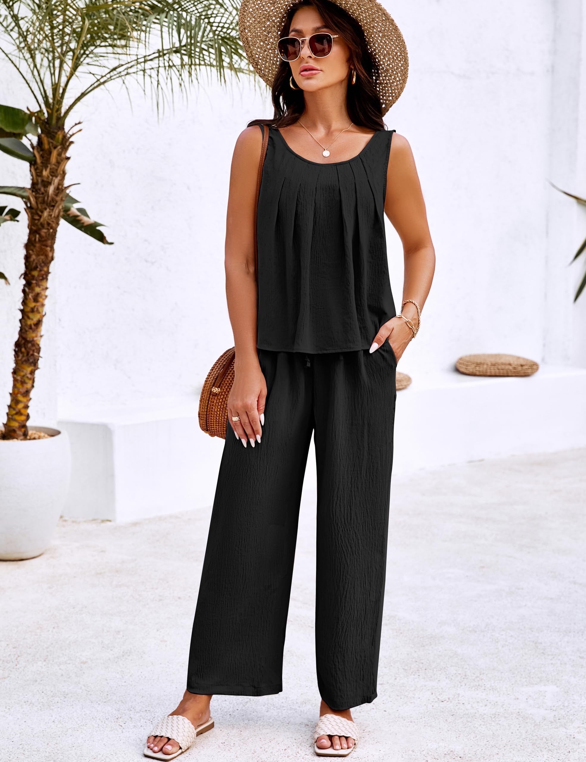Women's Linen Two-Piece Lounge Set - Blooming Jelly Matching Outfits with Pants | Holiday, Vacation & Casual Wear
